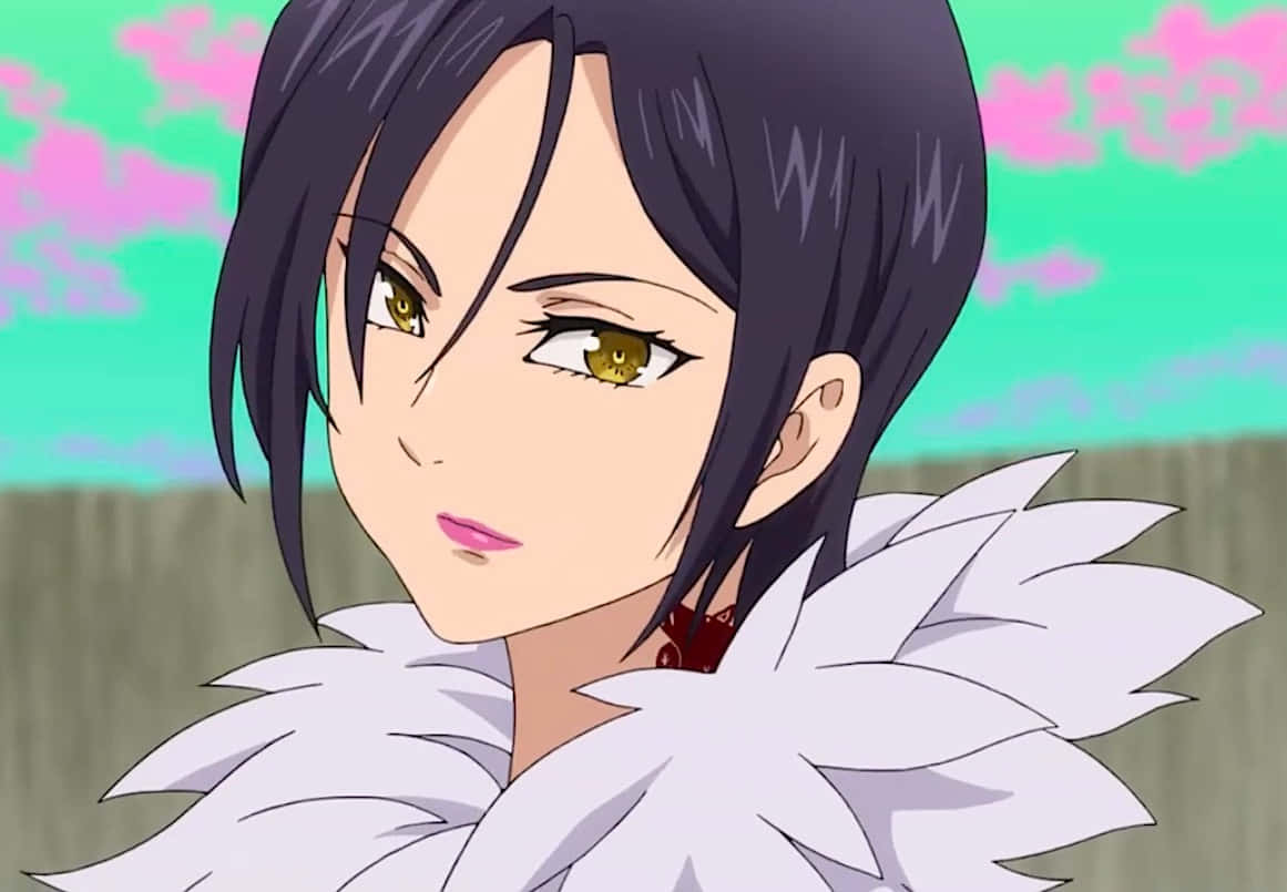 Seven Deadly Sins Merlin 桌布 壁紙 — 短黑髮金眼的動漫女孩，在充滿活力的粉紅和藍綠色天空下，穿著白色羽毛領。
