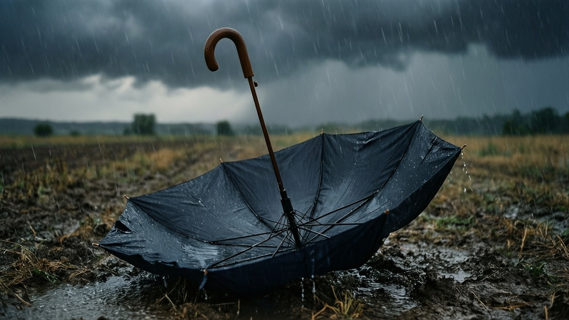 破傘 壁紙 — 一把孤獨的黑色雨傘在泥濘的田野中破損，天空陰暗風暴，雨水落下。