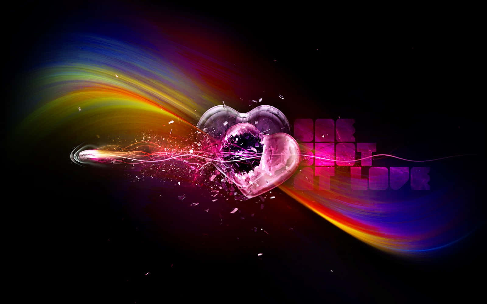 Romantic Love 桌布 壁紙 — 破碎的心在黑色背景上爆發出充滿活力的彩虹能量，並帶有發光文字。
