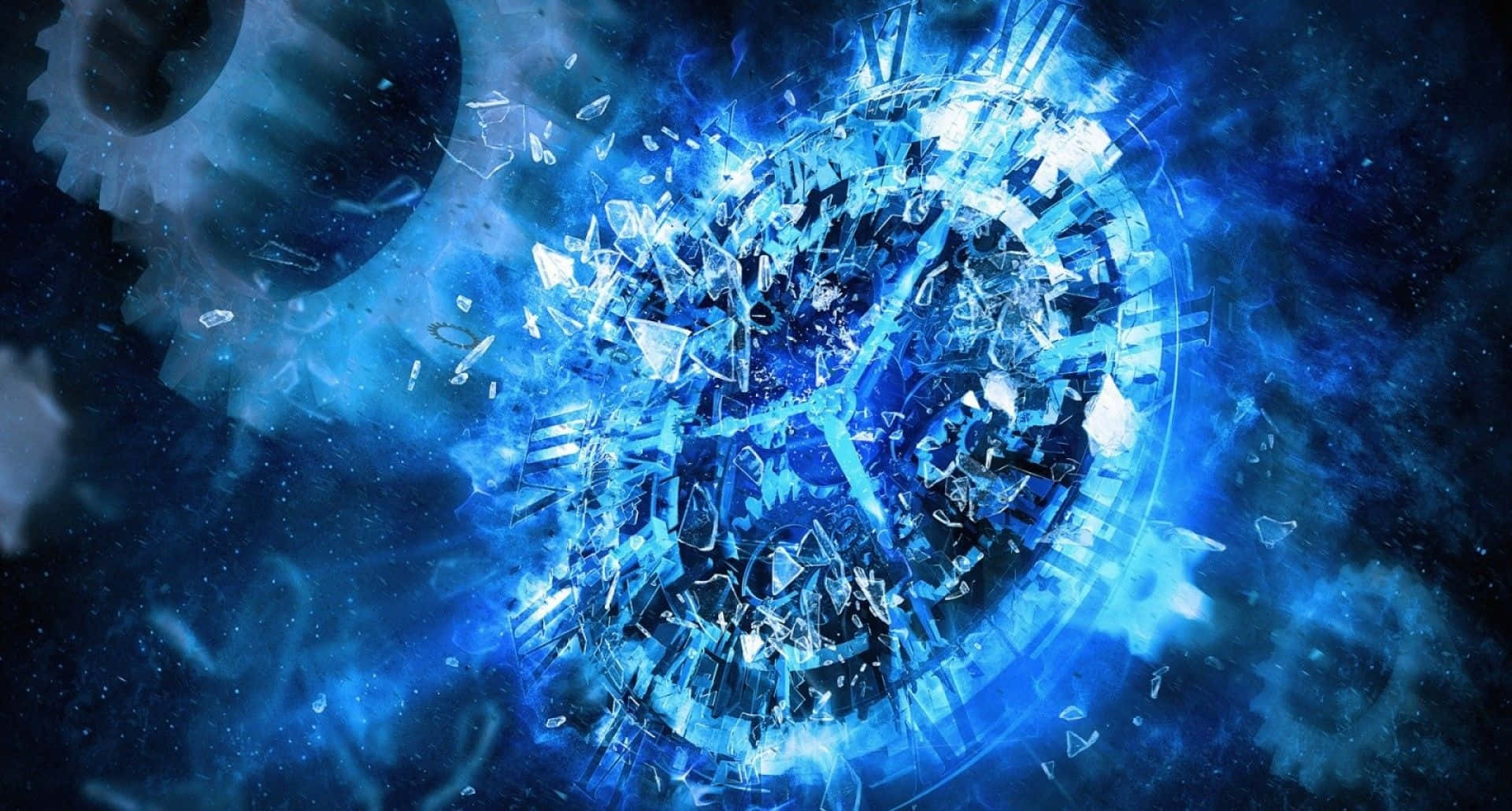 1920X1080 桌布 壁紙 — 破碎的水晶球體在浮動齒輪和星雲的宇宙背景下，以電藍色能量爆炸。