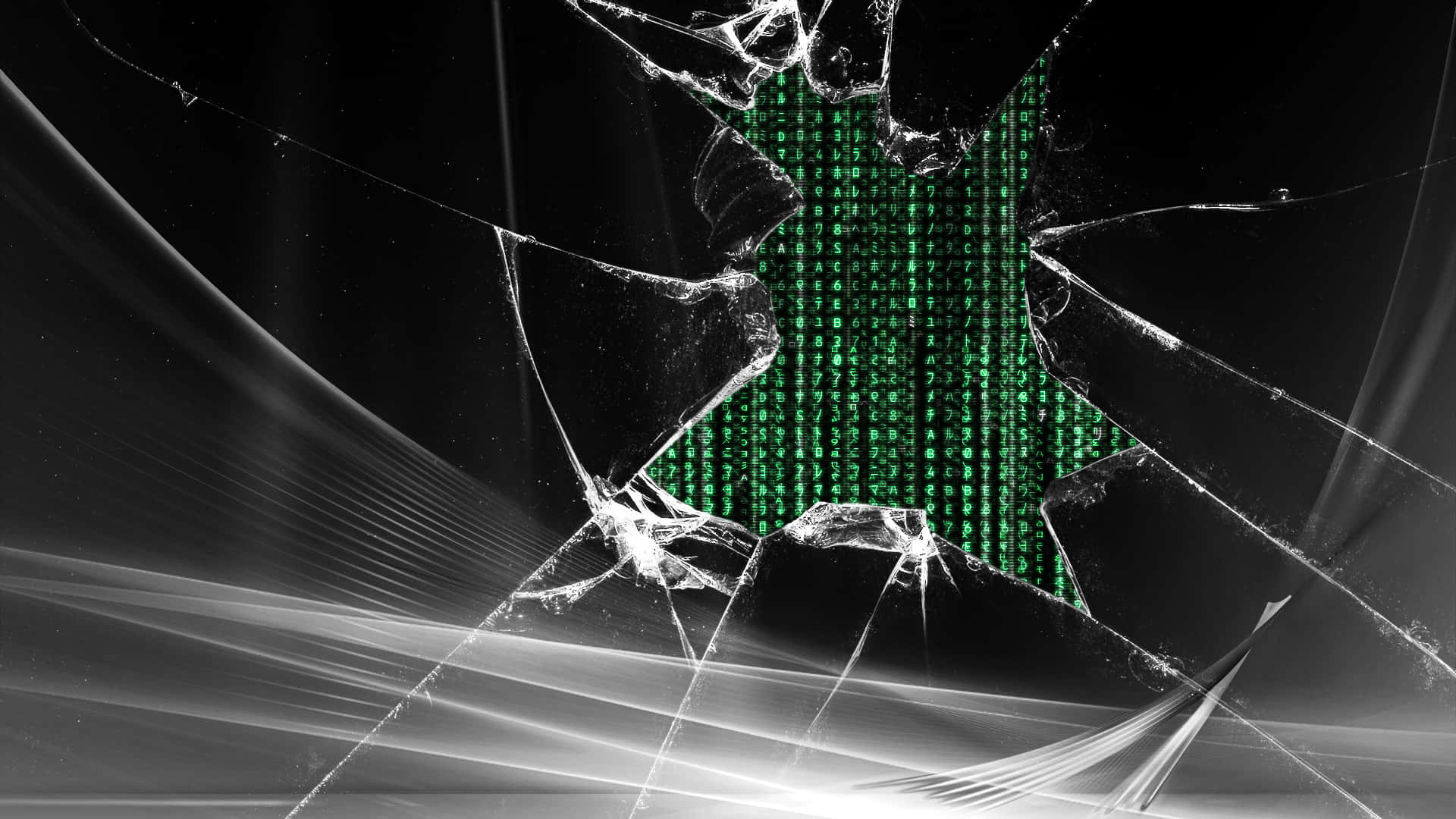 Binary 桌布 壁紙 — 破碎的玻璃在黑暗背景上顯露出帶有發光條紋的綠色數位雨矩陣。