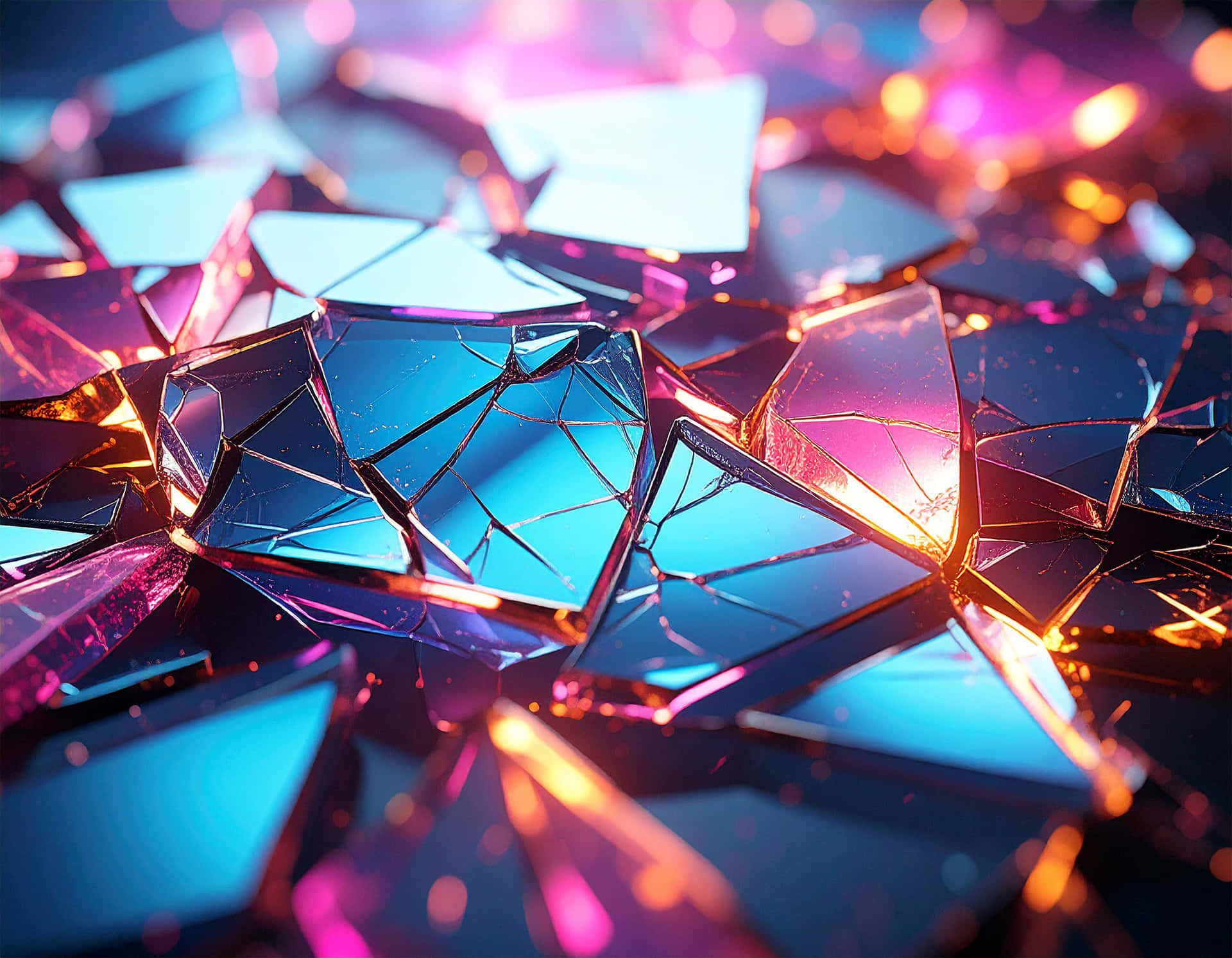 Fractal Patterns 壁紙 — 破碎的玻璃碎片反射出鮮豔的藍色、粉紅色和金色光芒，形成耀眼的抽象構圖。
