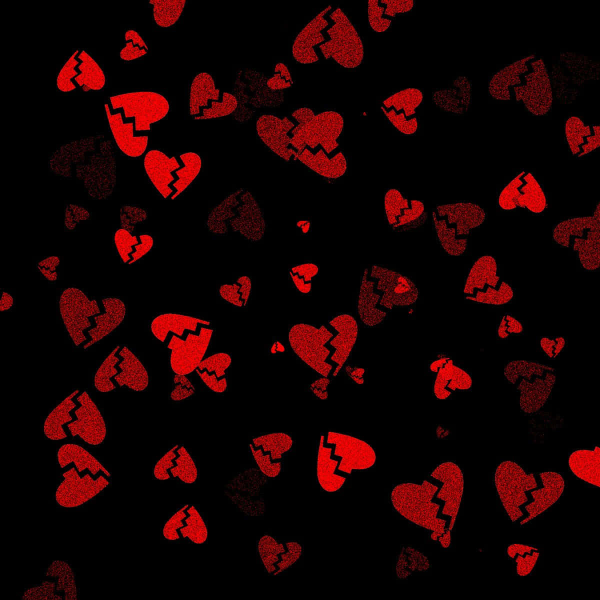 Heartbreaks 桌布 壁紙 — 破碎的紅色心形圖案漂浮在帶有閃亮質感的純黑背景上。