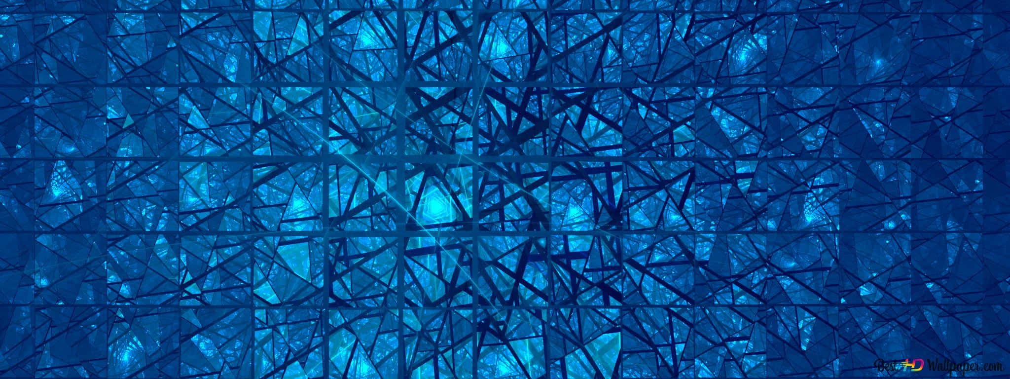 Blue Geometric 桌布 壁紙 — 破碎藍色玻璃的迷人抽象圖案，帶有發光的光折射。