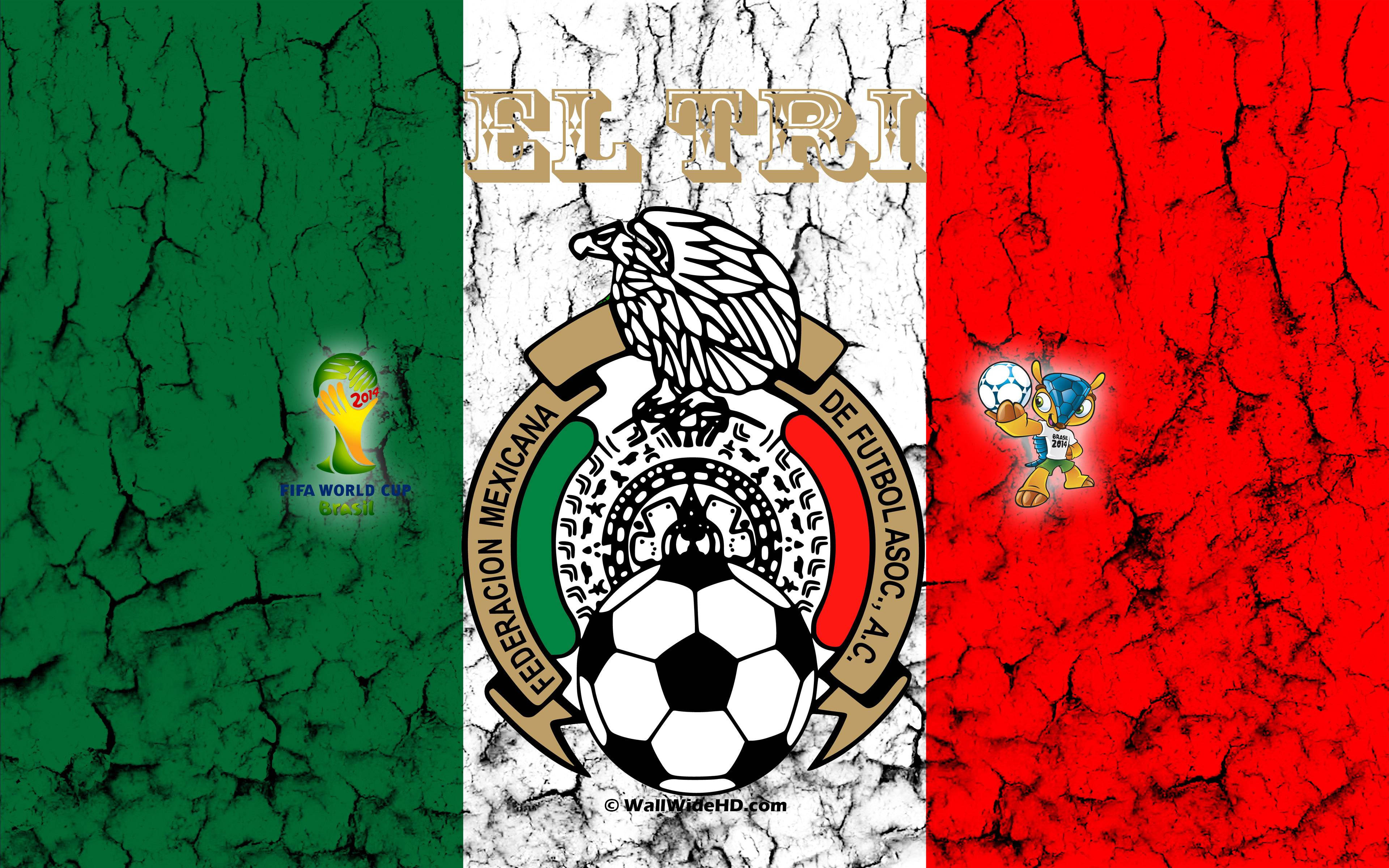 墨西哥國旗 桌布 壁紙 — 破裂的墨西哥國旗桌布，帶有 El Tri 標誌和 FIFA 2014 世界盃標誌及卡通吉祥物。