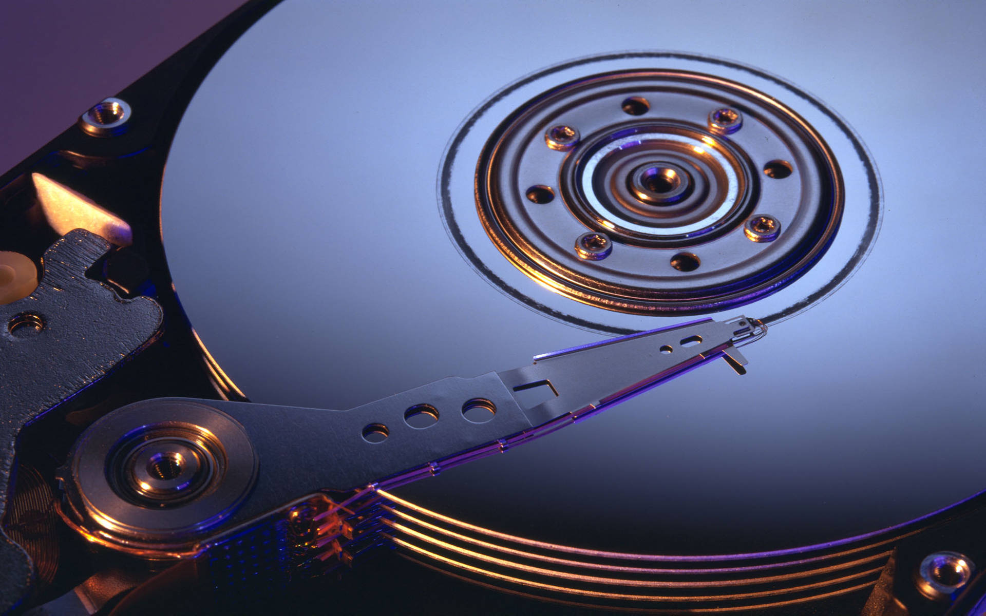 Hard Drive 桌布 壁紙 — 硬碟碟片旋轉的特寫，帶有發光金屬讀寫頭，在冷藍色燈光下。