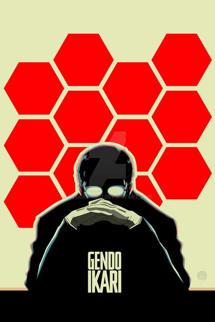 Gendo Ikari 桌布 壁紙 — 碇源堂的風格化插圖，身穿黑色西裝，眼睛發光，雙手合十，背景為紅色六邊形圖案。