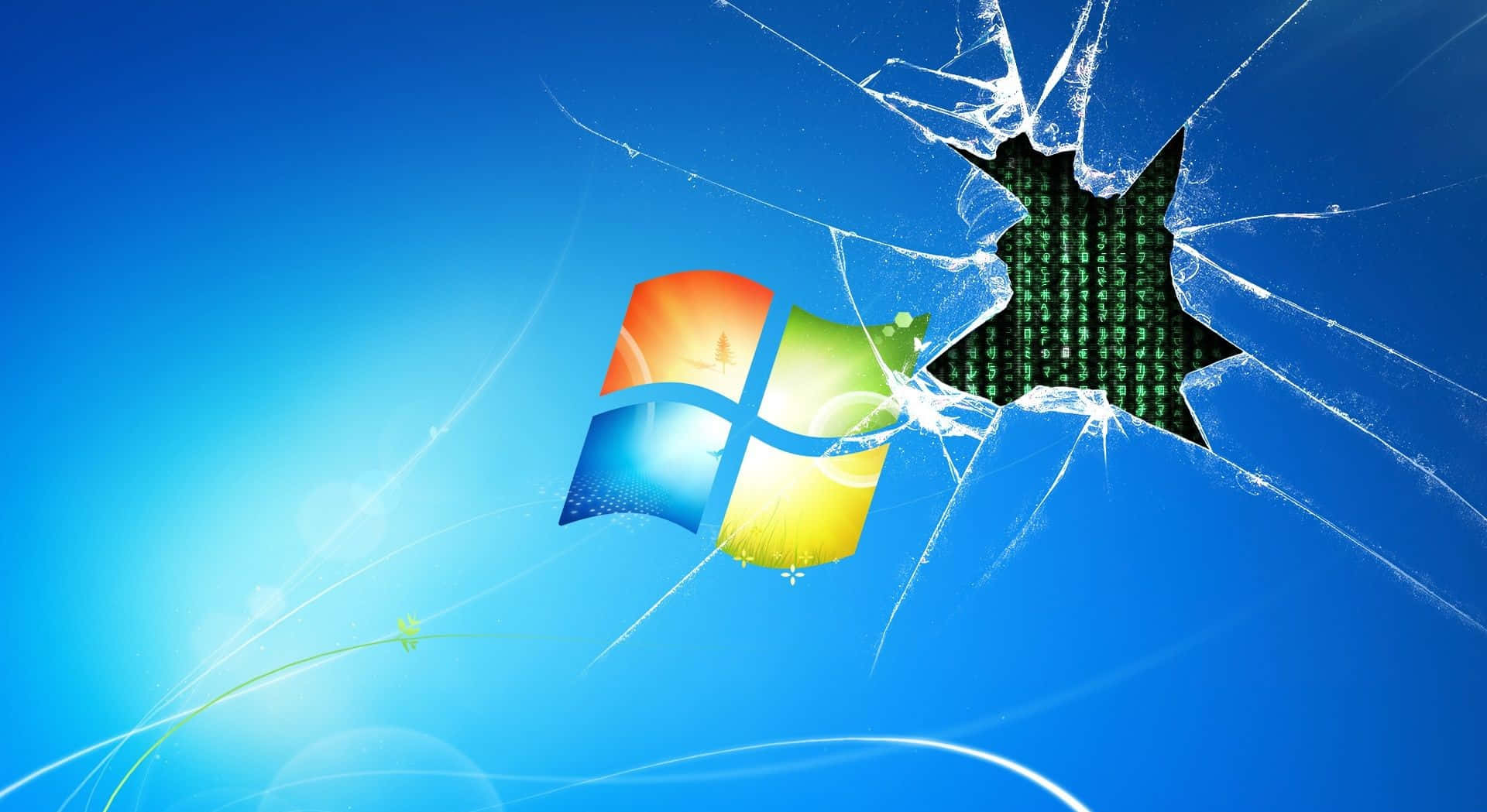 碎裂玻璃揭示了藍色背景上Windows標誌背後的綠色矩陣代碼。 — 矩陣 GIF 壁紙