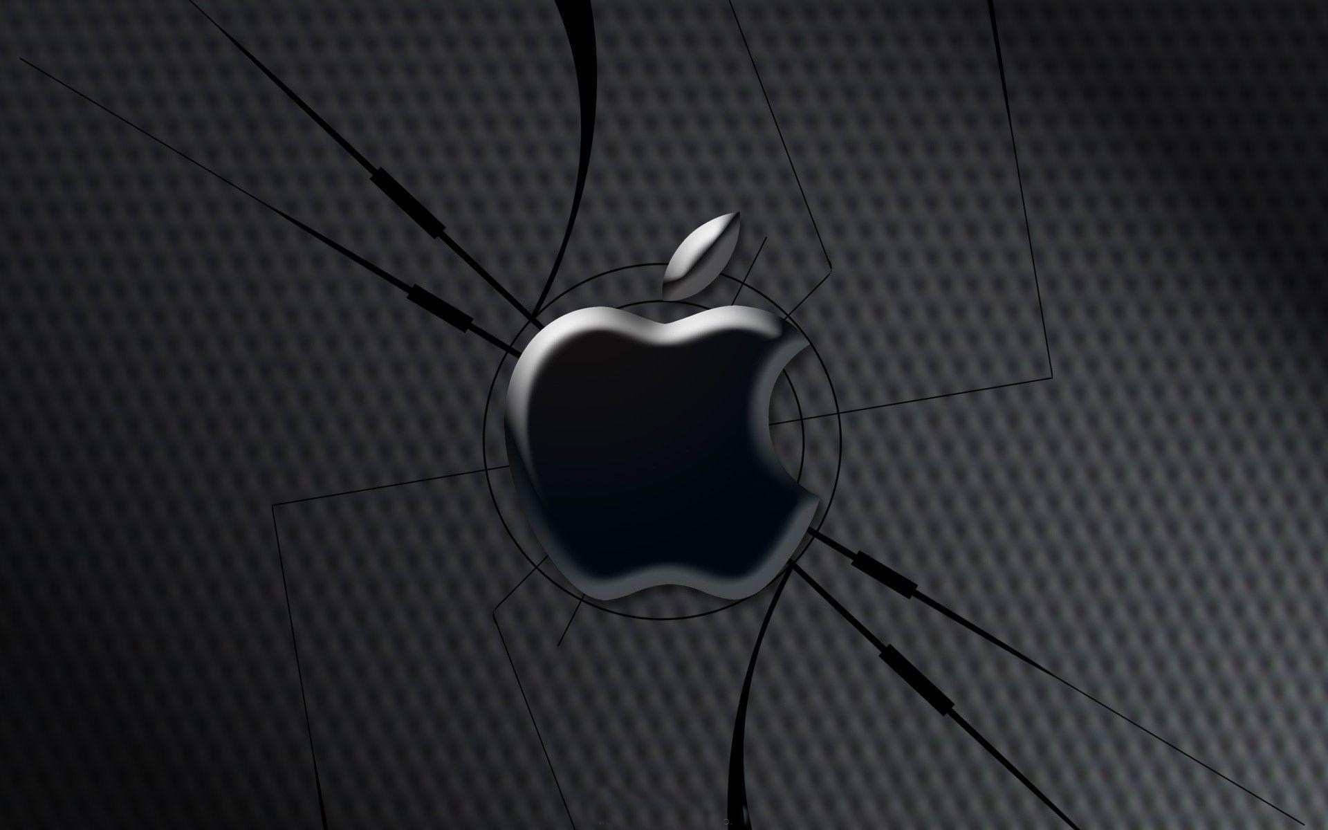 3D 桌布 壁紙 — 碎裂玻璃效果在深色碳纖維背景上展現出光澤的Apple標誌。