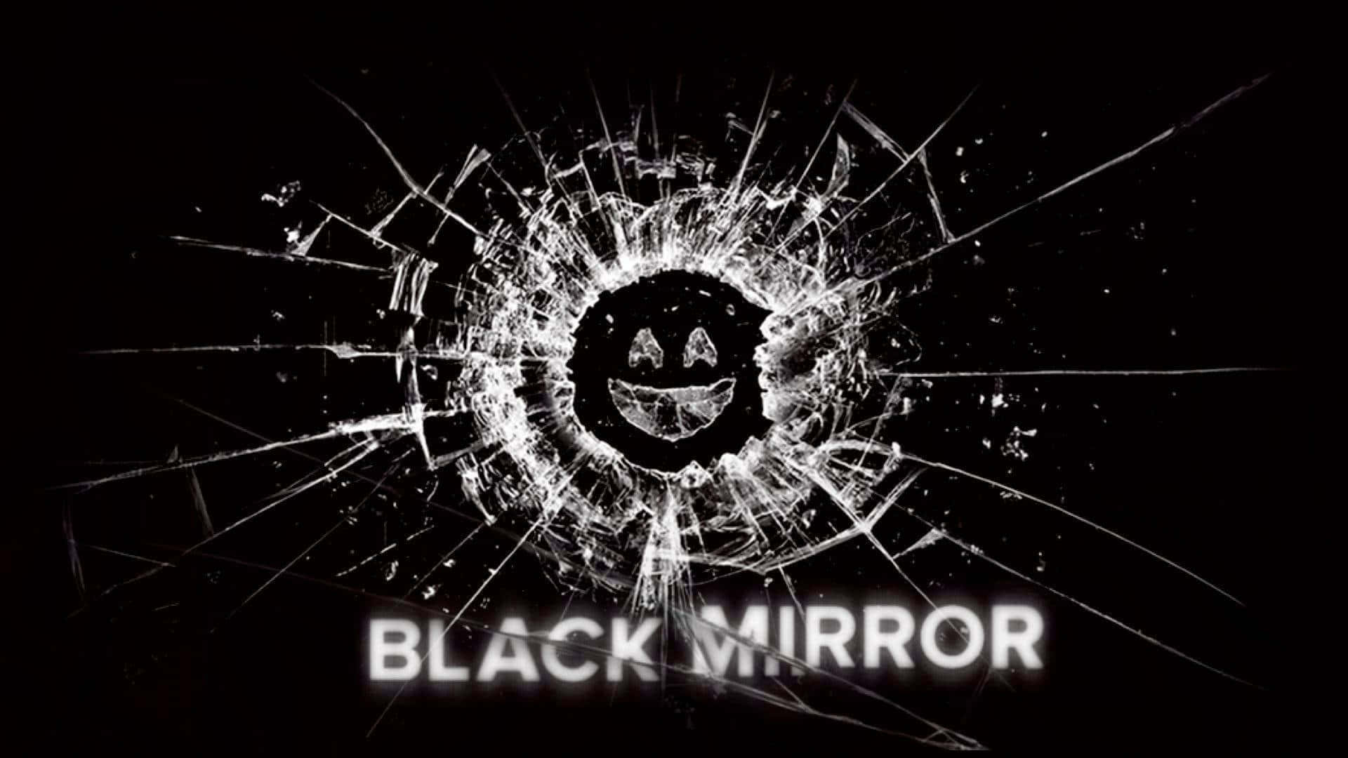 mirror 桌布 壁紙 — 碎裂玻璃效果在黑色背景上展現出一個做鬼臉的笑臉，下方有「BLACK MIRROR」文字。