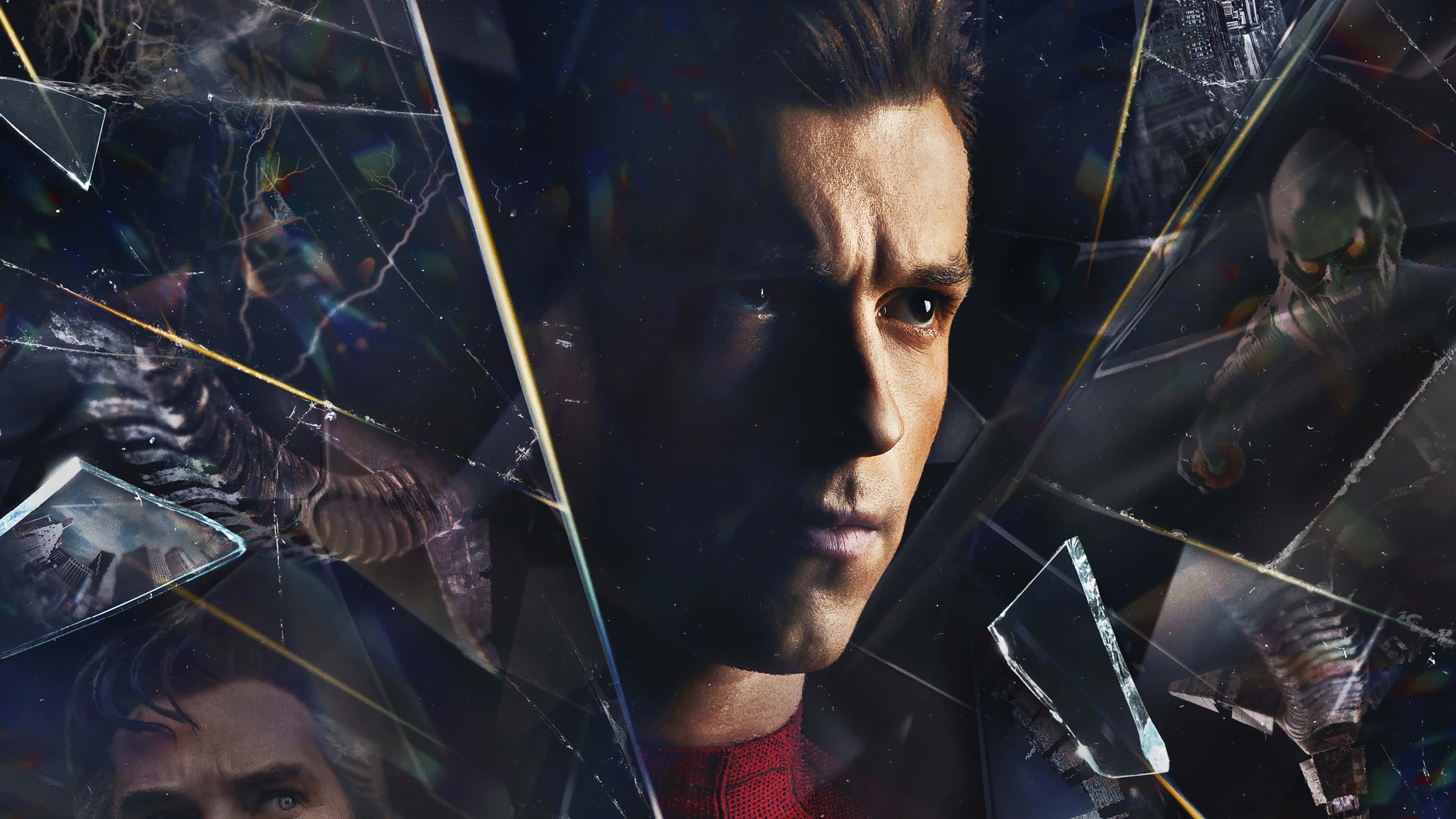 Spider Man No Way Home 桌布 壁紙 — 碎裂玻璃效果展現出一個嚴肅的蜘蛛人，周圍是反派和動作場景的碎片化一瞥。