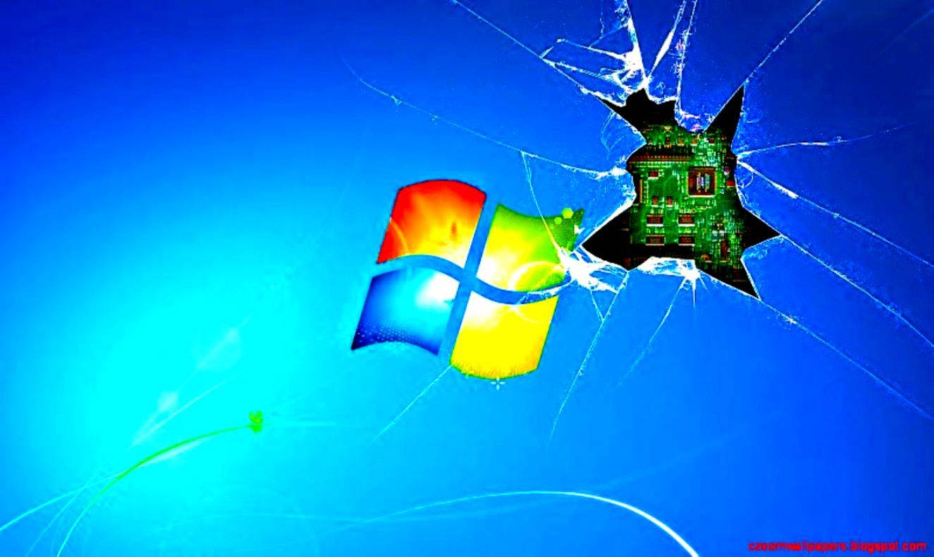 Screen 桌布 壁紙 — 碎裂玻璃效果揭示Windows標誌後方的電路板，背景為藍色漸變。
