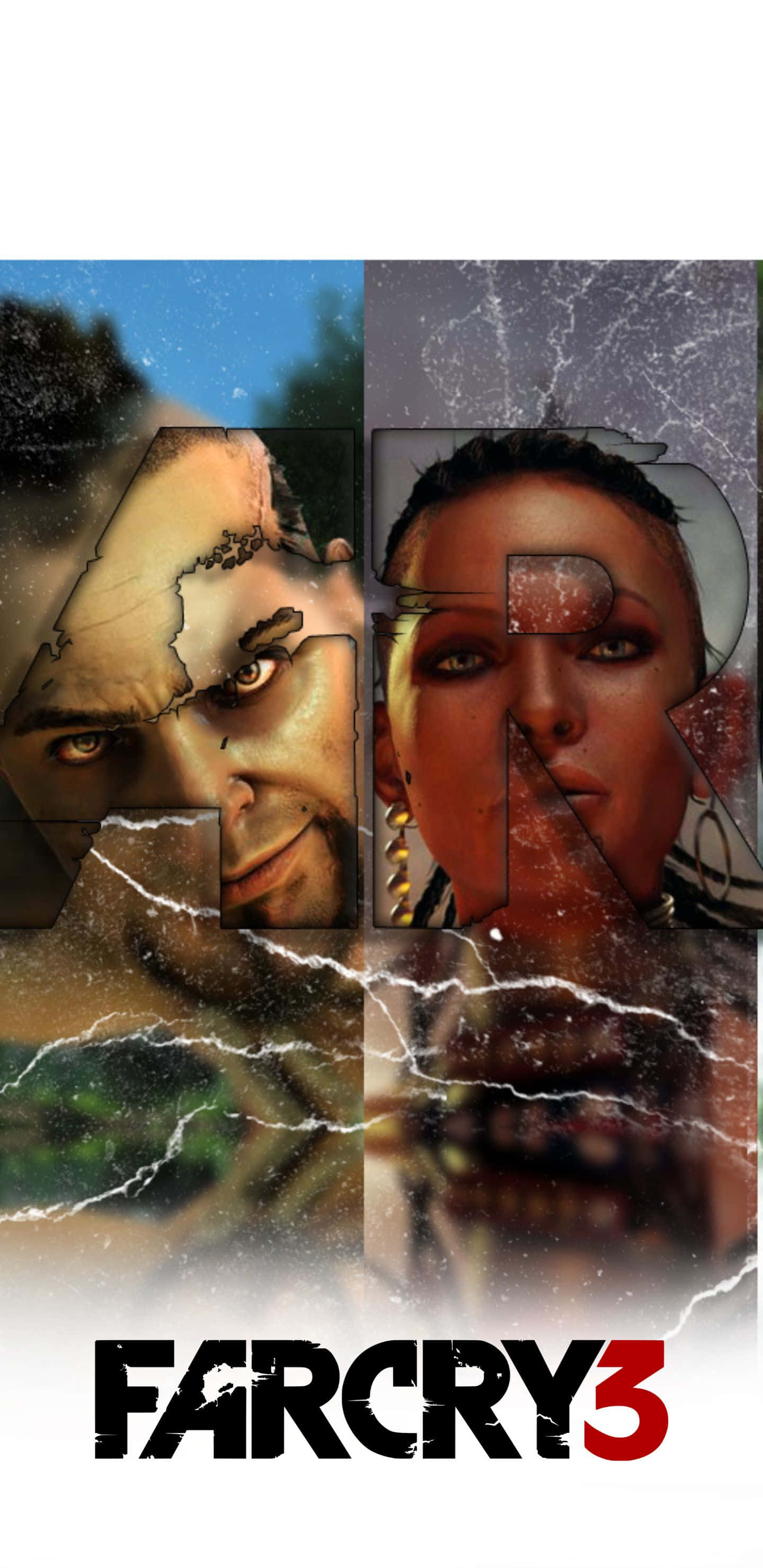 Pixel 3xl Far Cry 3 桌布 壁紙 — 碎裂玻璃效果揭示了兩個角色在暴風雨叢林背景下的強烈面孔，下方是 Far Cry 3 標誌。