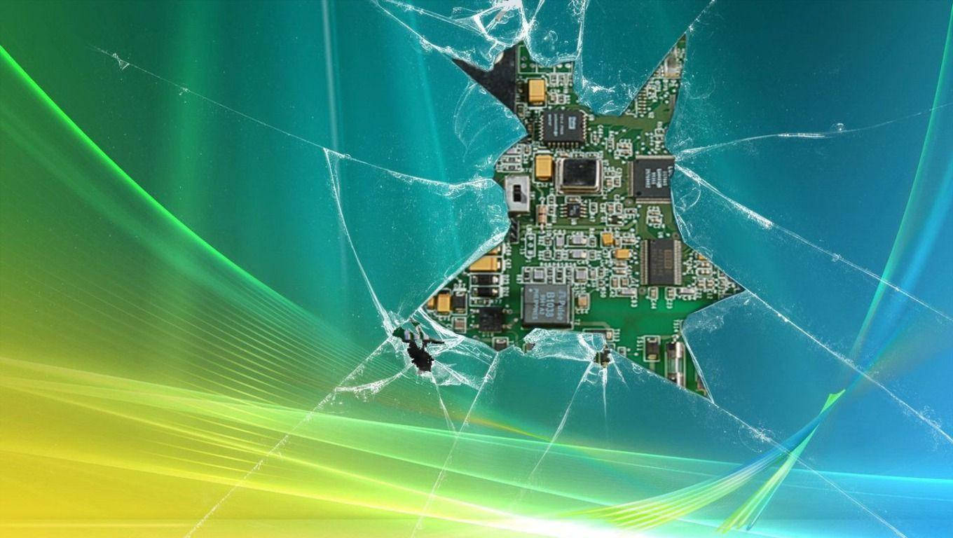 cracked 桌布 壁紙 — 碎裂玻璃效果揭示綠色電路板，背景為充滿活力的青綠色、黃色和藍色光條漸變。