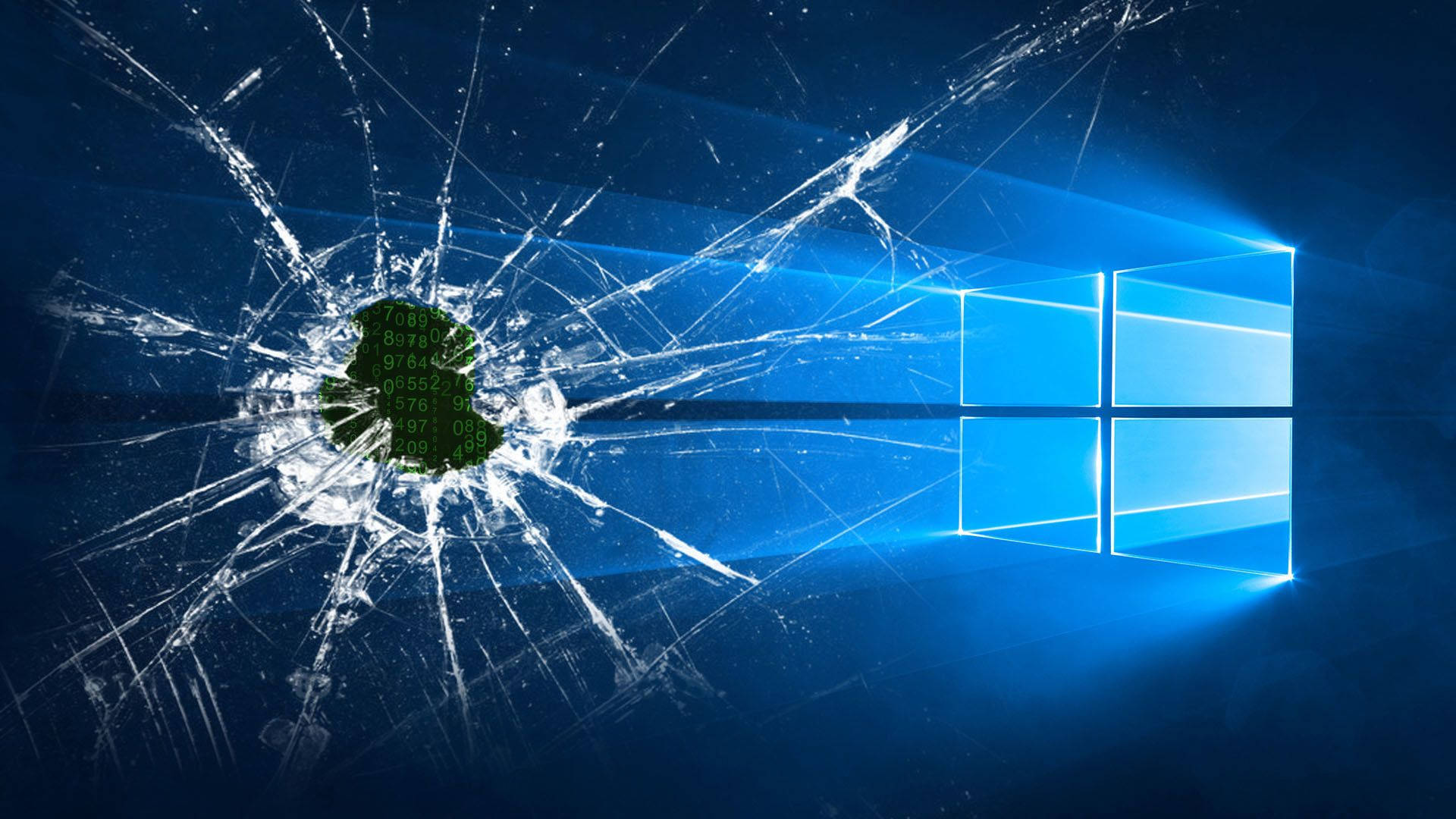 unique laptop 桌布 壁紙 — 碎裂玻璃效果覆蓋著發光的藍色Windows標誌，裂縫中心有綠色二進制代碼。