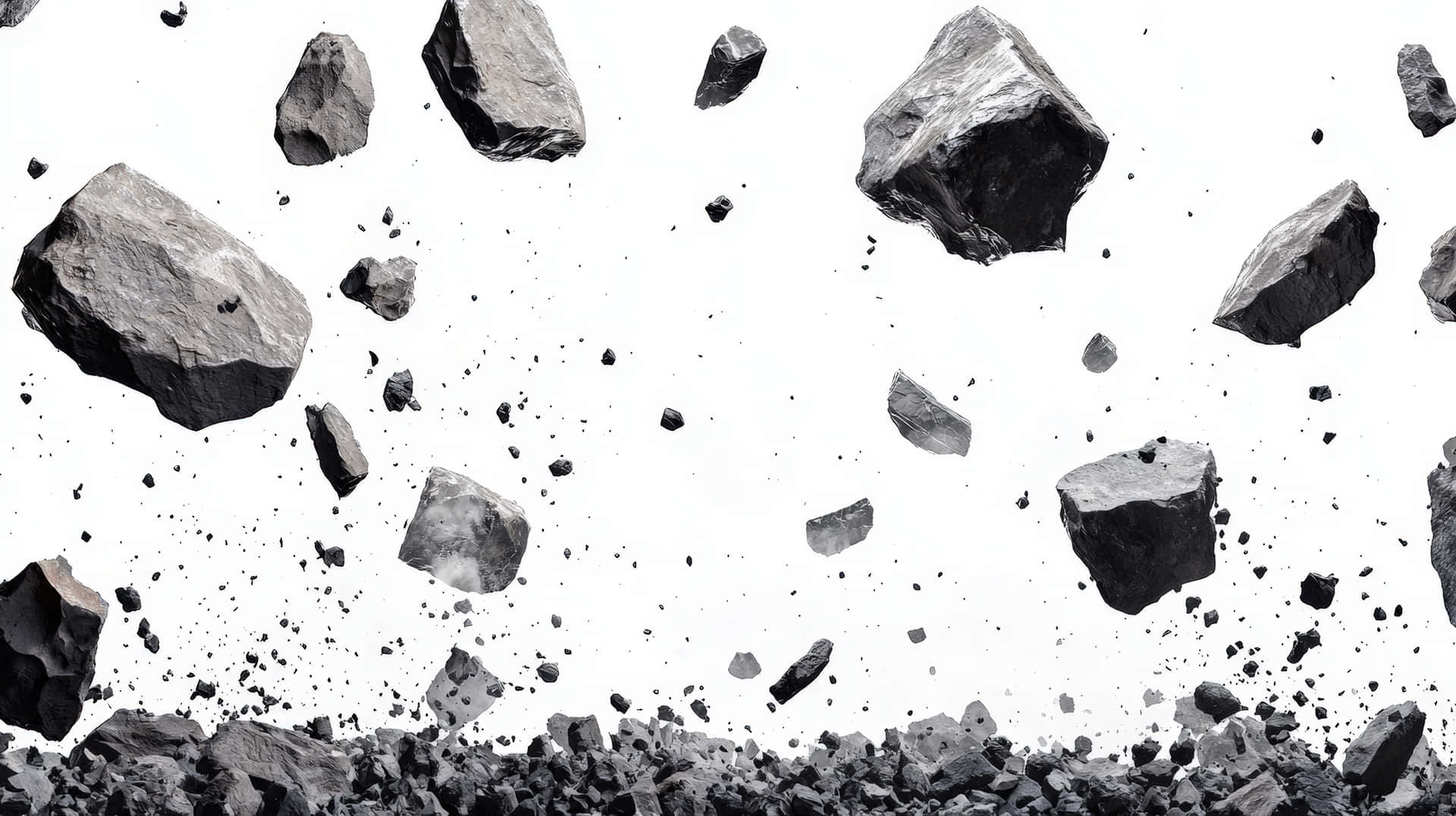 Realistic floating rocks and debris in midair 壁紙 — 碎裂的灰色岩石和碎片懸浮在半空中，背景是純白色，底部有岩石基底。