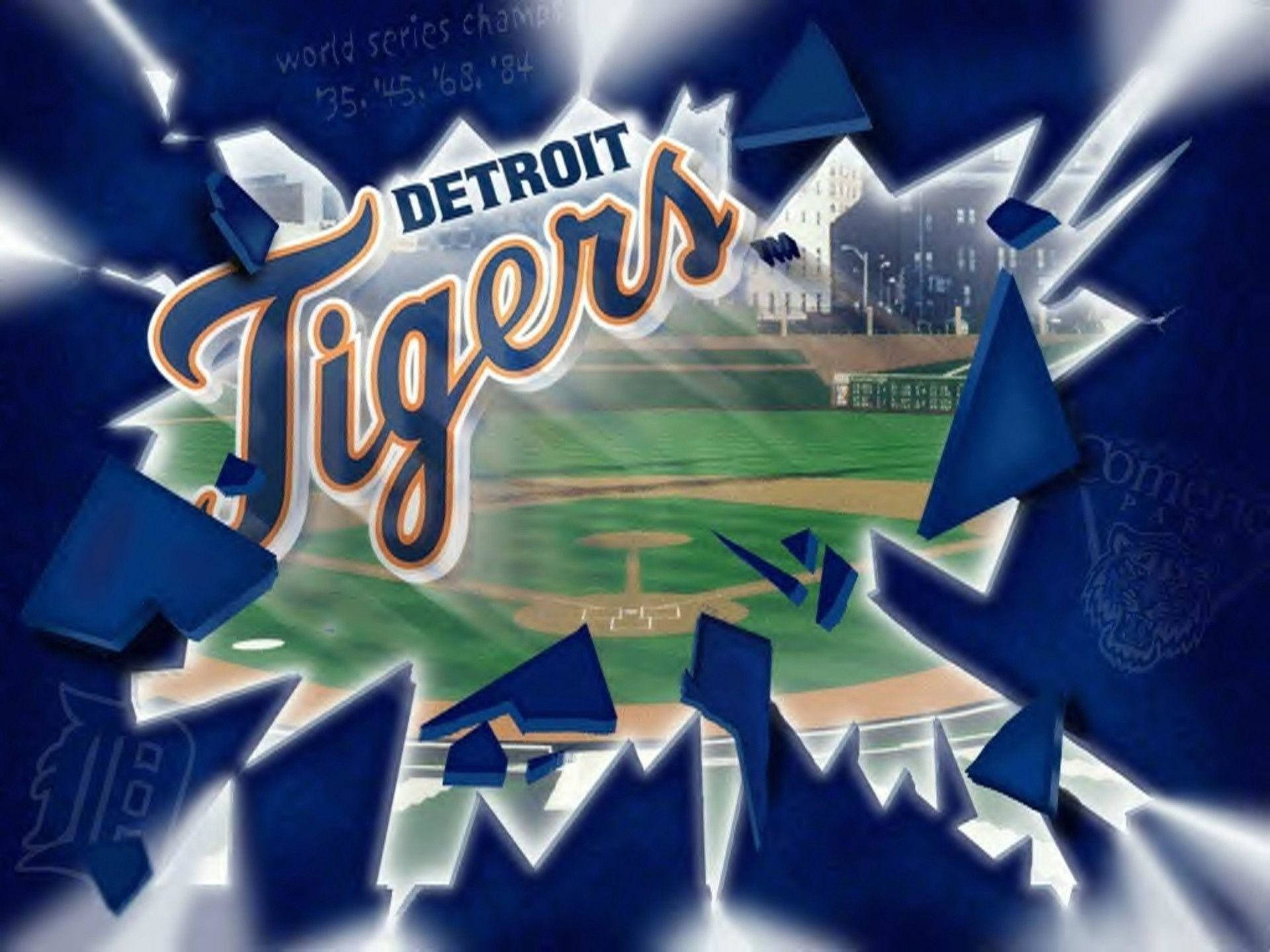 tigers 桌布 壁紙 — 碎裂的藍色玻璃效果揭示了底特律老虎棒球場，中央閃耀著冠軍年份和球隊標誌。