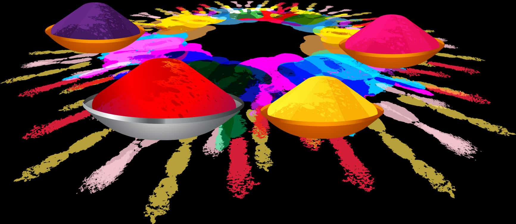 Holi Colour 桌布 壁紙 — 碗中的鮮豔彩色粉末在黑色背景下向外爆炸，形成燦爛的爆發。