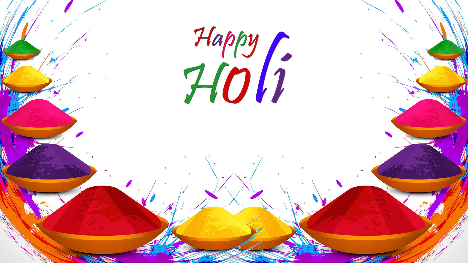 Holi 桌布 壁紙 — 碗中的鮮豔色彩節顏色，油漆飛濺圍繞著「Happy Holi」文字。