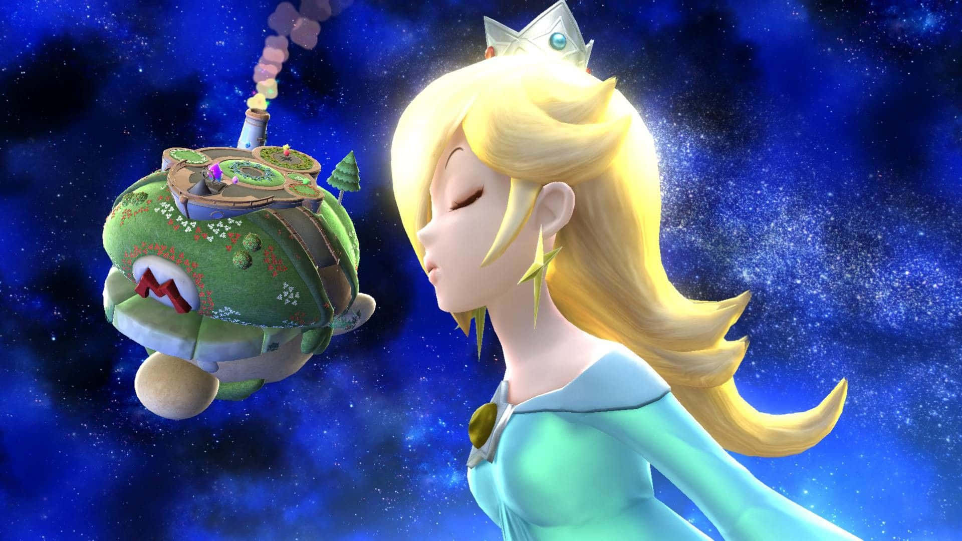 Princess Rosalina 桌布 壁紙 — 碧姬公主在繁星宇宙背景下，平靜地凝視著一座頂端有城堡的漂浮綠色星球。