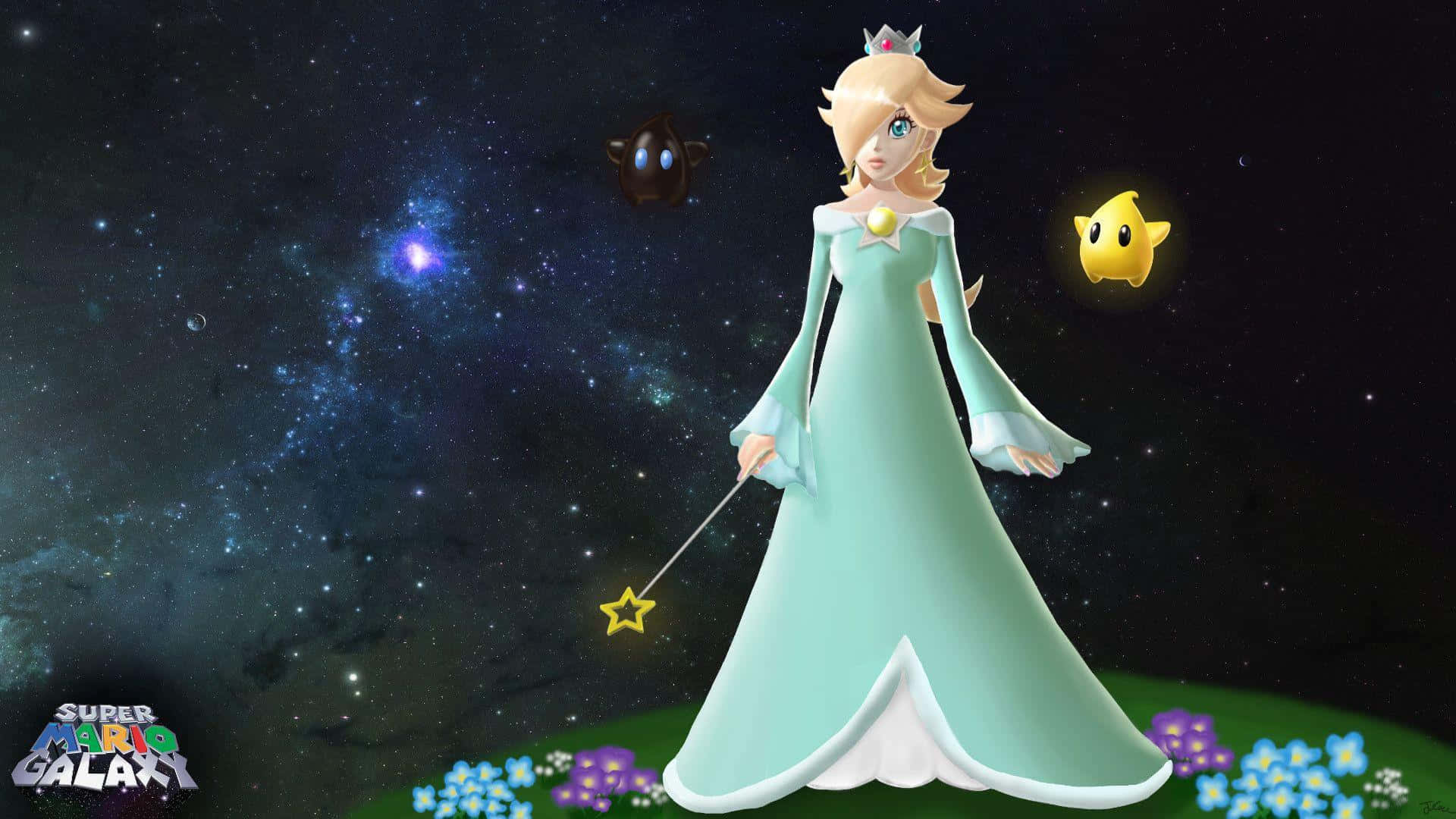 Princess Rosalina 桌布 壁紙 — 碧姬公主站在滿是星星的銀河中，手持星星魔杖，附近漂浮著一個慢慢龜和一個星星人。