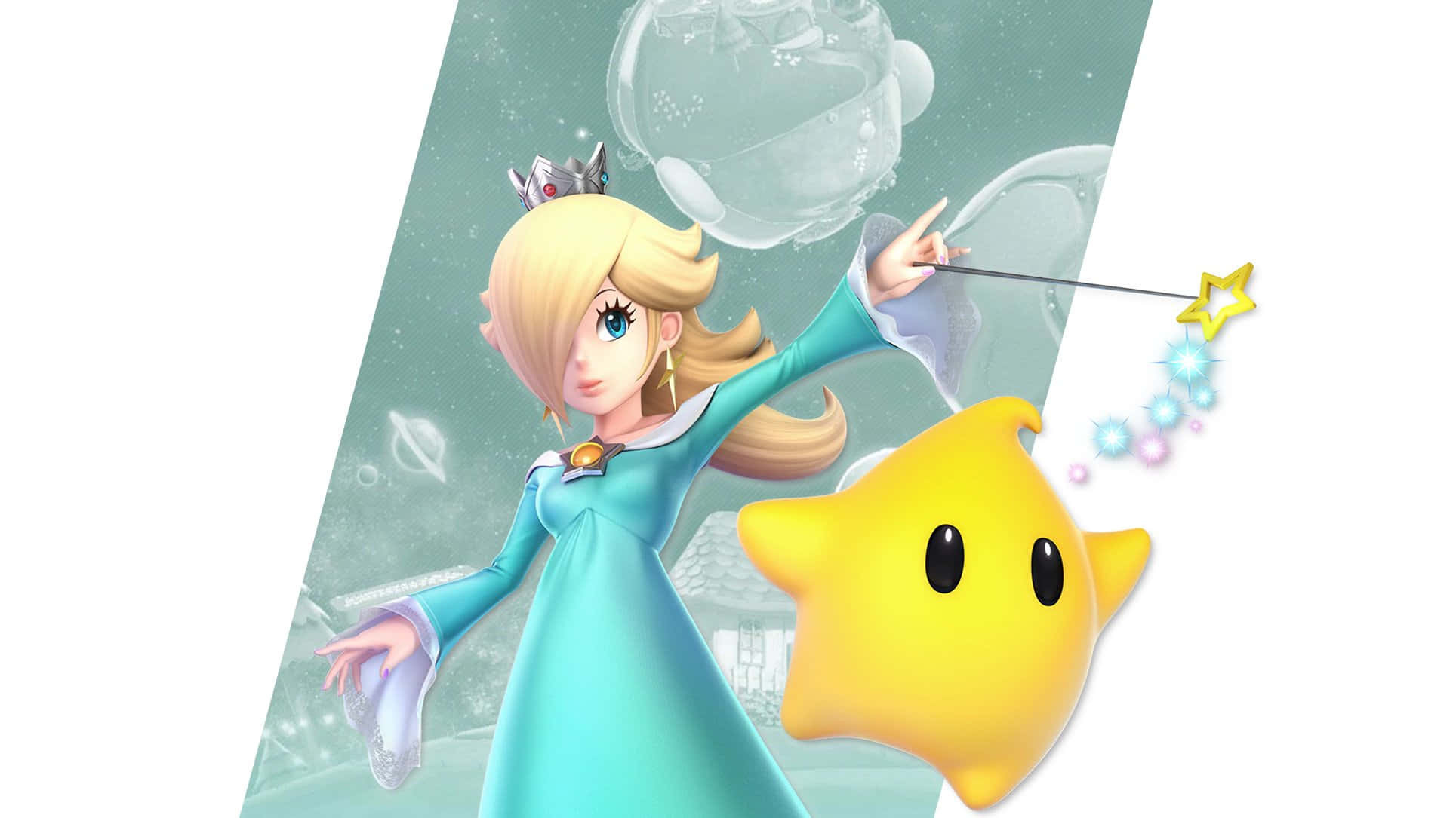 Princess Rosalina 桌布 壁紙 — 碧姬公主身穿青綠色長袍，在黃色星星旁邊揮舞星星魔杖，周圍漂浮著泡泡，構成魔法場景。