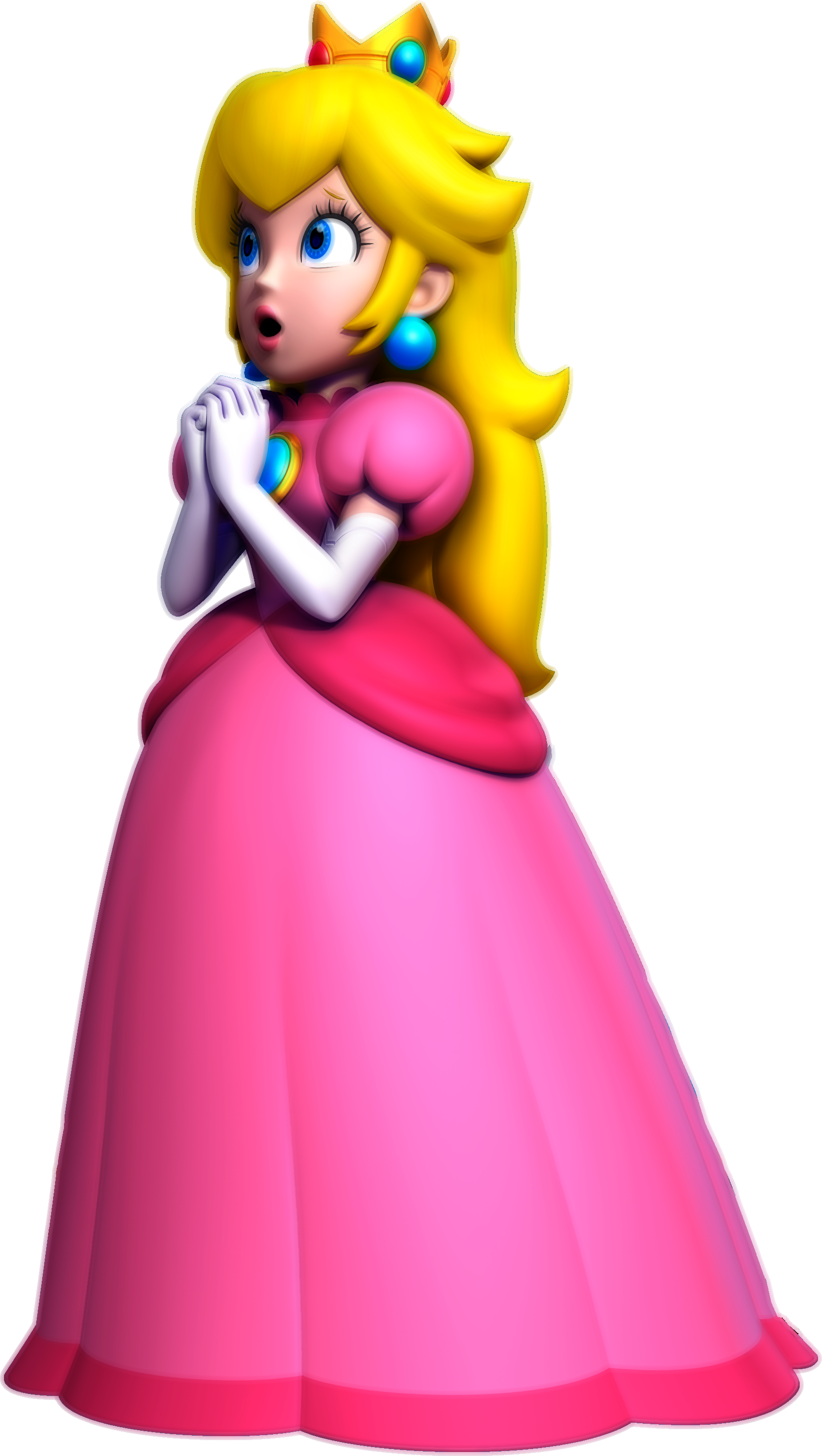 princess peach 桌布 壁紙 — 碧姬公主身穿鮮豔粉紅禮服、頭戴皇冠，在純白背景前驚訝地雙手合十。