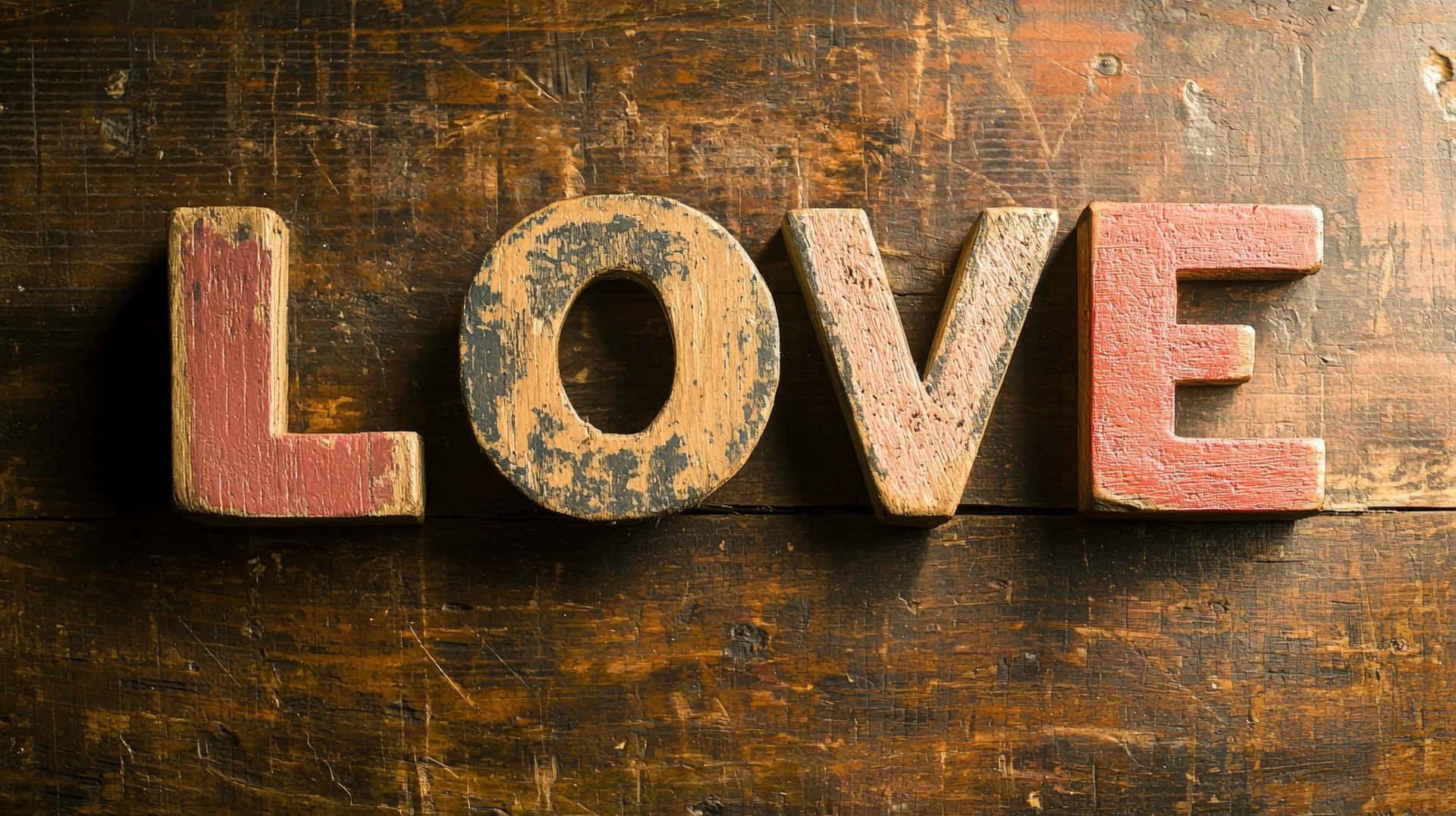 Rustic Wooden Love Sign on Vintage Background 壁紙 — 磨損的木製字母拼出love，放在深色鄉村風格的桌面上，可見木紋和刮痕。
