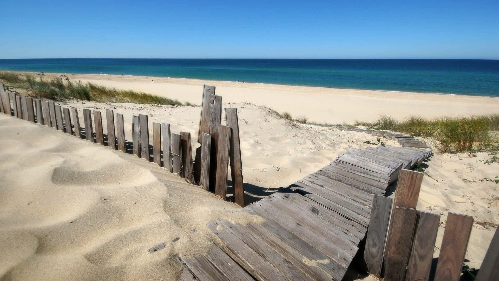 Beach Scene 桌布 壁紙 — 磨損的木製棧道蜿蜒穿過陽光普照的沙丘，通向清澈藍天下碧綠色的海洋。