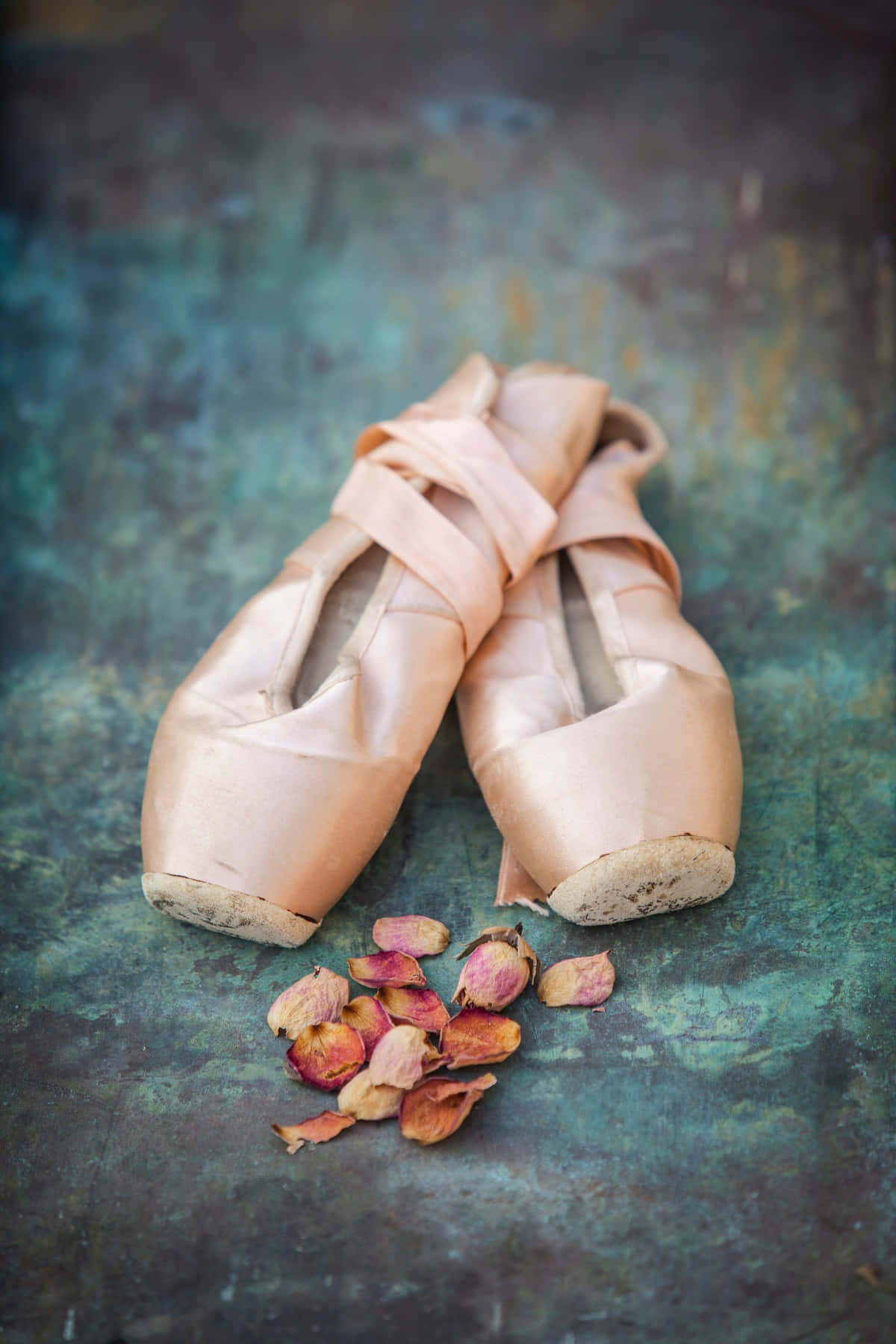 Ballet 桌布 壁紙 — 磨損的粉紅色芭蕾舞鞋放在有紋理的青綠色表面上，旁邊散落著乾燥的玫瑰花瓣。