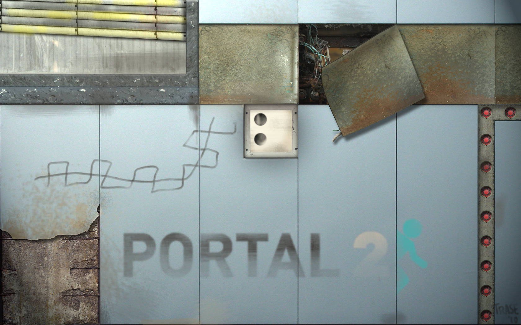 桌布 壁紙 — 磨損的金屬牆上帶有 'PORTAL 2' 塗鴉和一個發光的藍色人物，旁邊是一個帶有紅燈的面板。