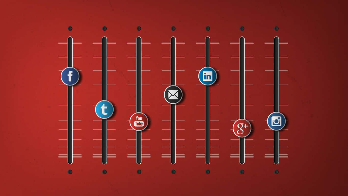Social Media Logos 桌布 壁紙 — 社交媒體圖示位於垂直滑塊上，背景為帶紋理的紅色。