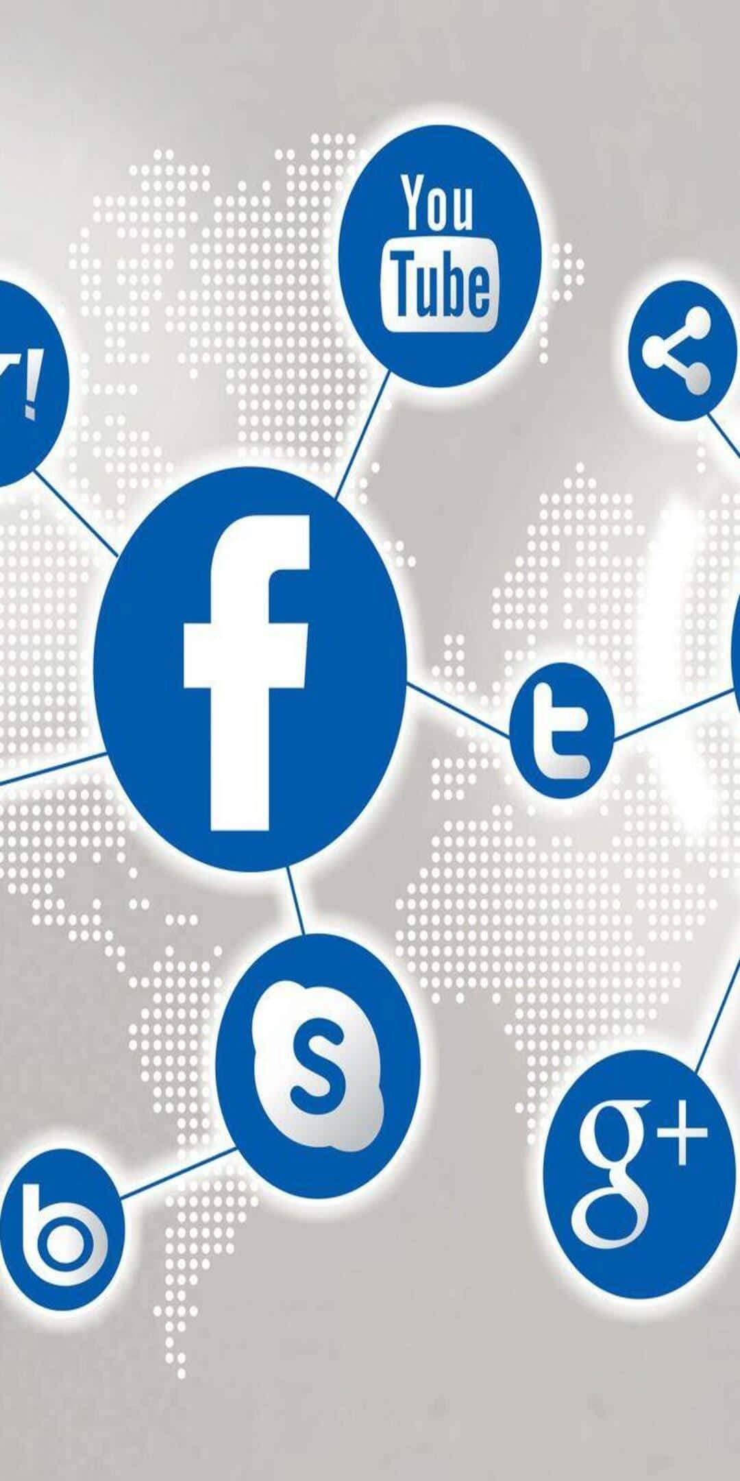 Social 桌布 壁紙 — 社交媒體圖示在藍白點狀世界地圖背景上相互連接漂浮。
