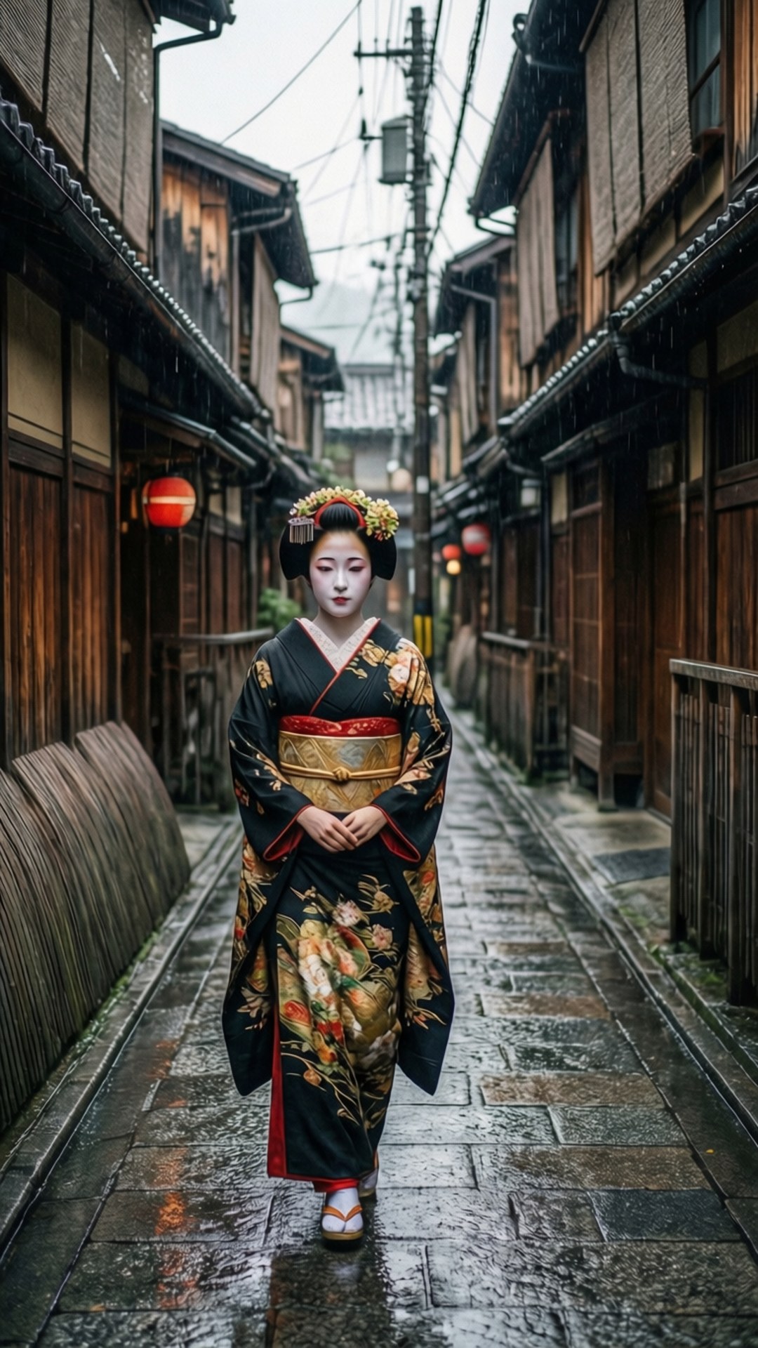 藝伎在雨中行走於祇園小巷