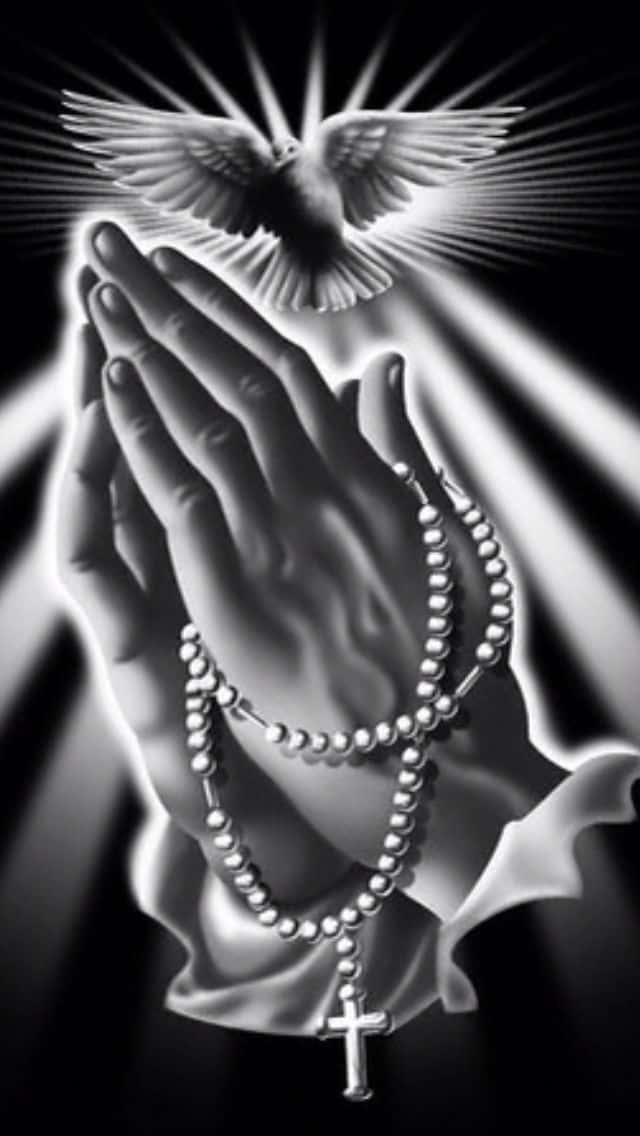 Praying 桌布 壁紙 — 祈禱的手握著玫瑰經，一隻鴿子在單色調中帶著光芒四射的光束升起。