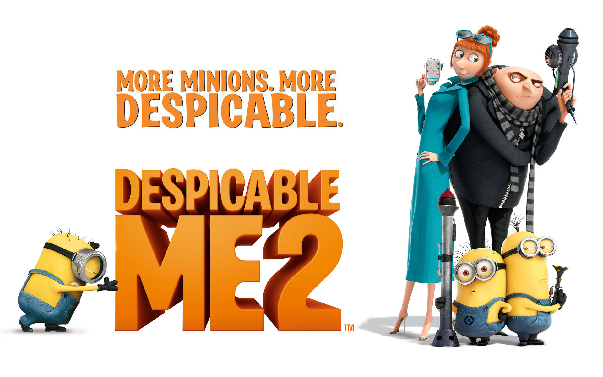 Despicable Me 2 桌布 壁紙 — 《神偷奶爸2》電影海報，呈現格魯、露西和小小兵在鮮豔的3D動畫中，配上粗體橙色標題。