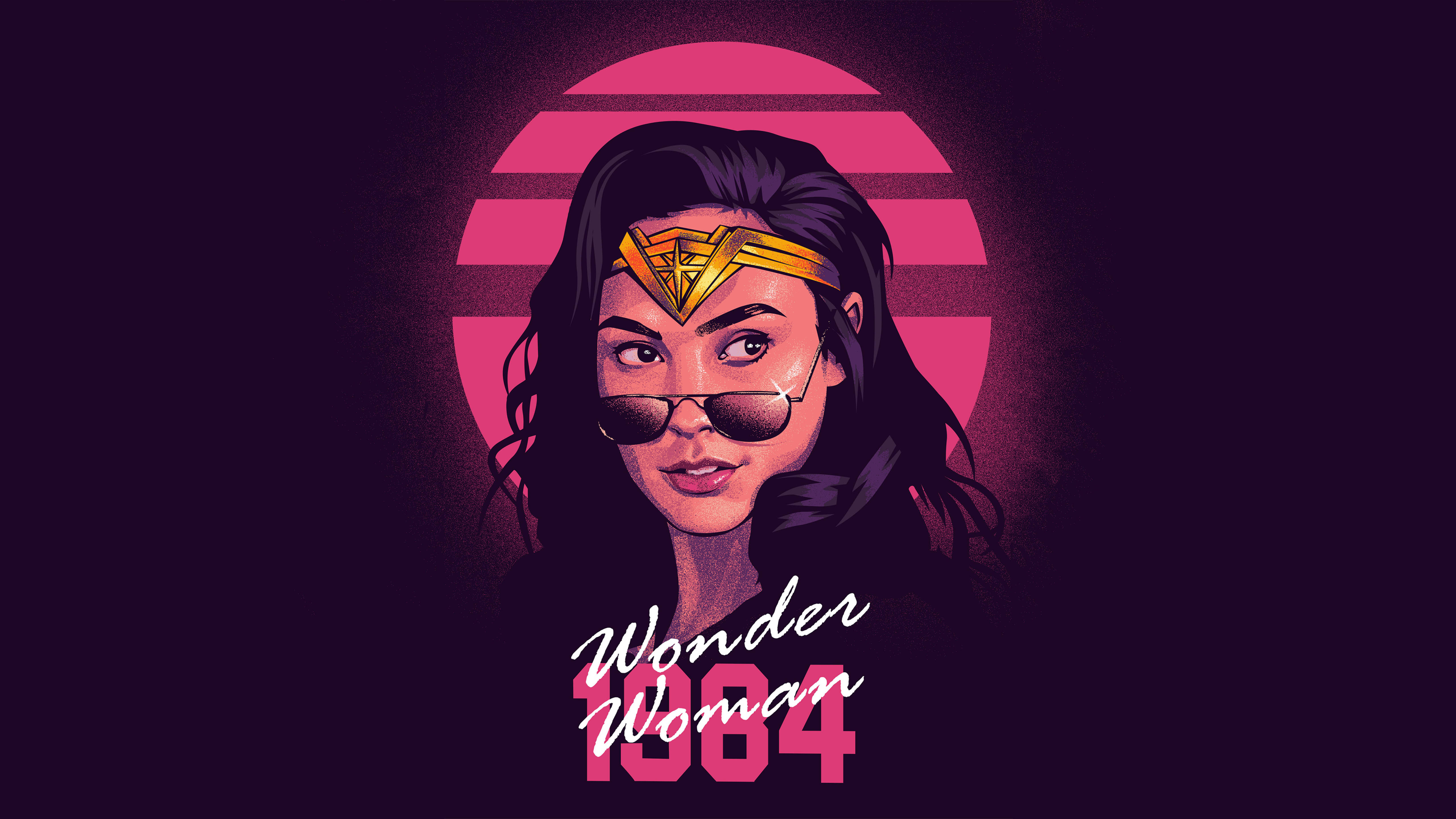 神力女超人 桌布 壁紙 — 神力女超人1984角色戴著復古太陽眼鏡，背景為粉紅色太陽爆發。