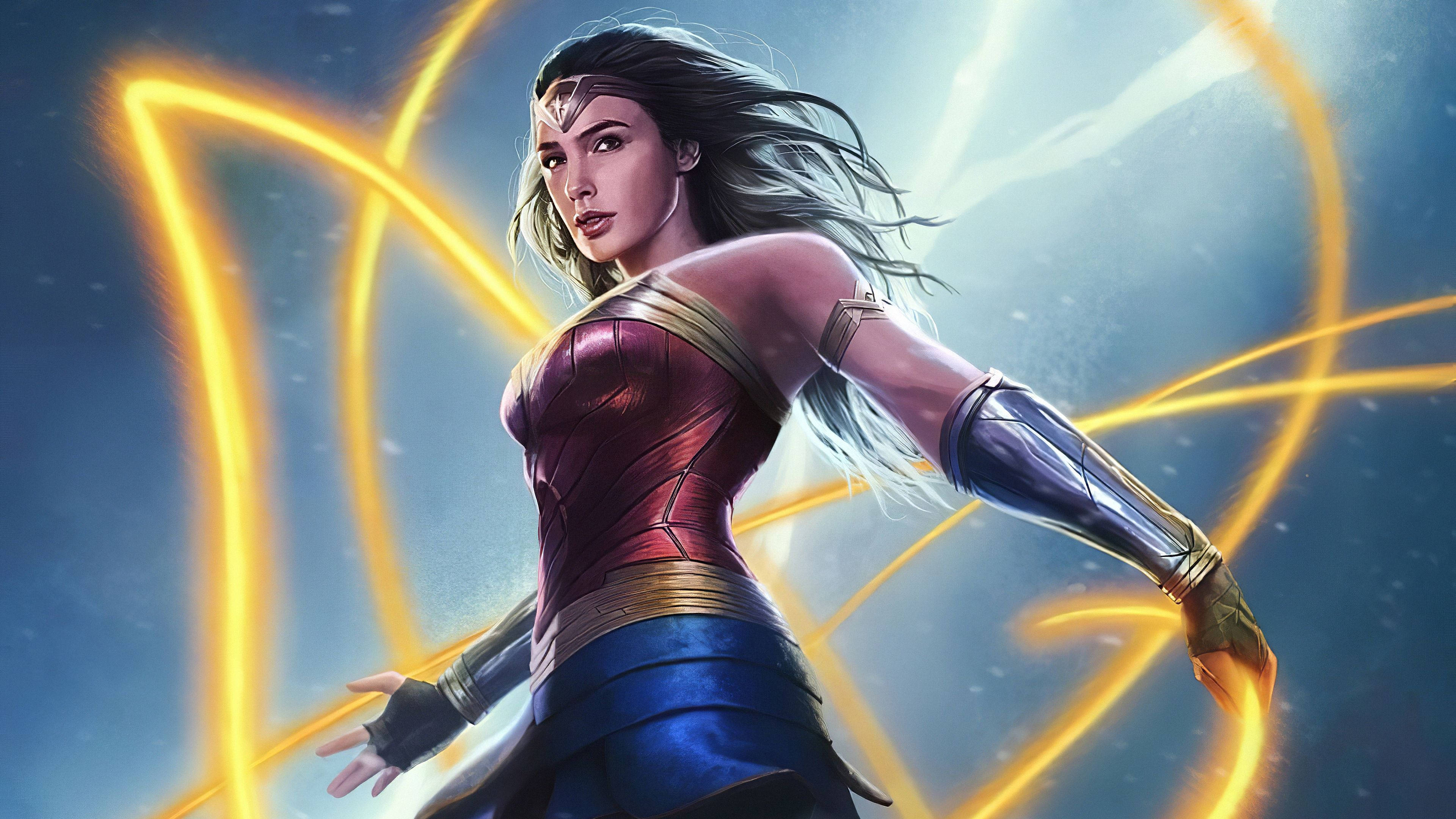 Wonder Woman 1984 桌布 壁紙 — 神力女超人動態站立，發光的金色套索能量在她周圍旋轉，呈現英雄姿態。