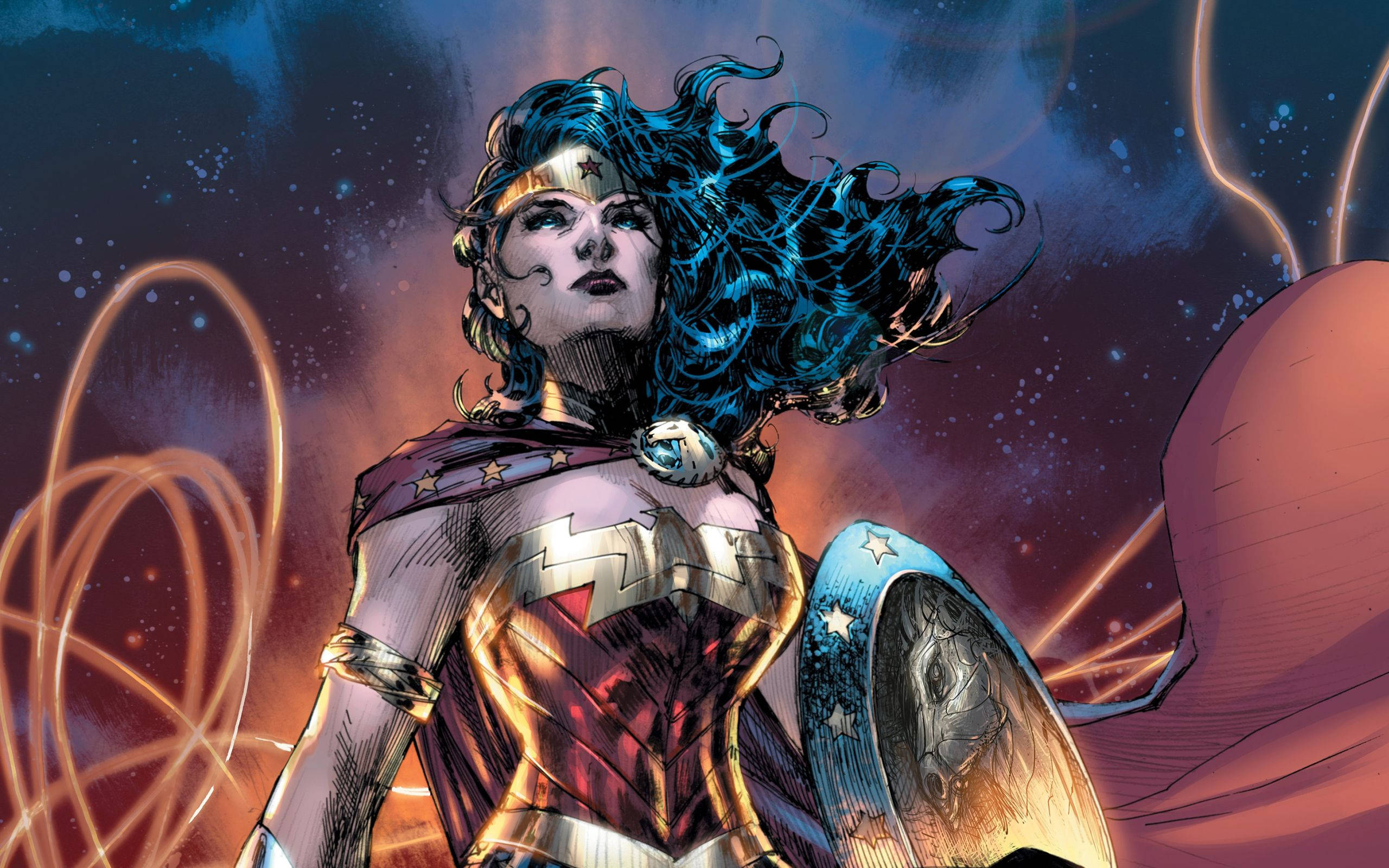 Wonder Woman 桌布 壁紙 — 神力女超人在太空中英勇站立，藍色頭髮飄逸，盾牌周圍有發光的能量漩渦。