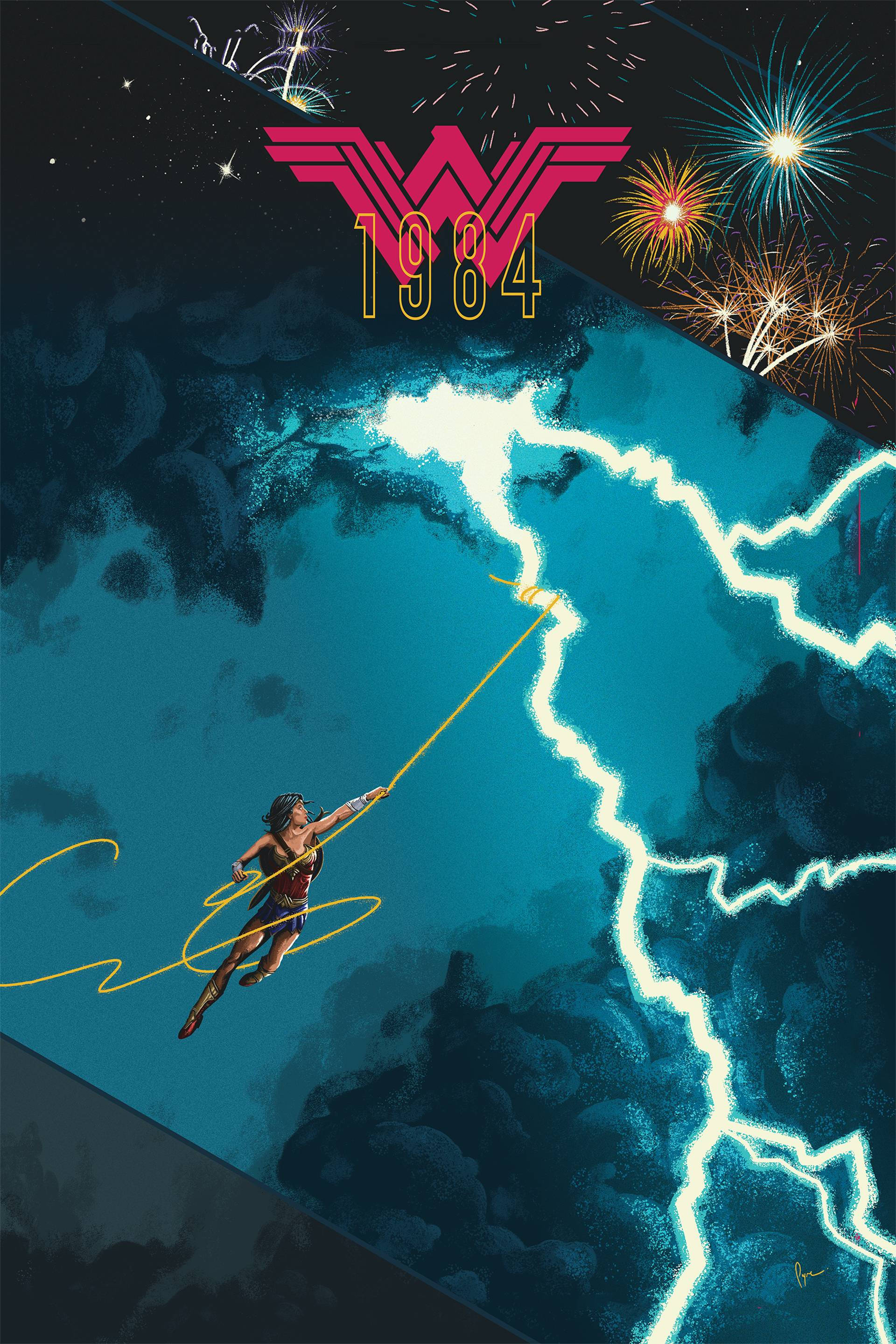 Wonder Woman 1984 桌布 壁紙 — 神力女超人在宇宙場景中擺盪，閃電和煙火在她上方爆炸。