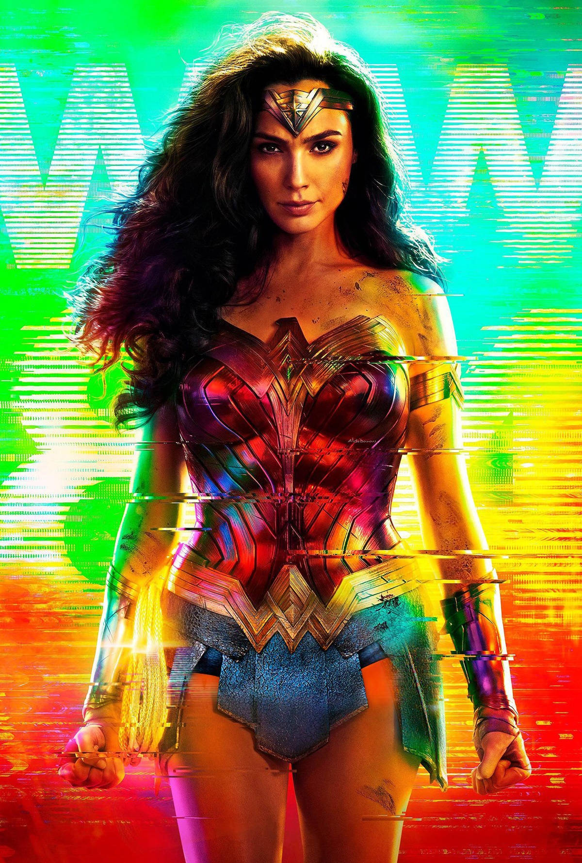 Wonder Woman 桌布 壁紙 — 神力女超人在帶有強烈數位失真效果的故障彩虹背景前強勢站立。