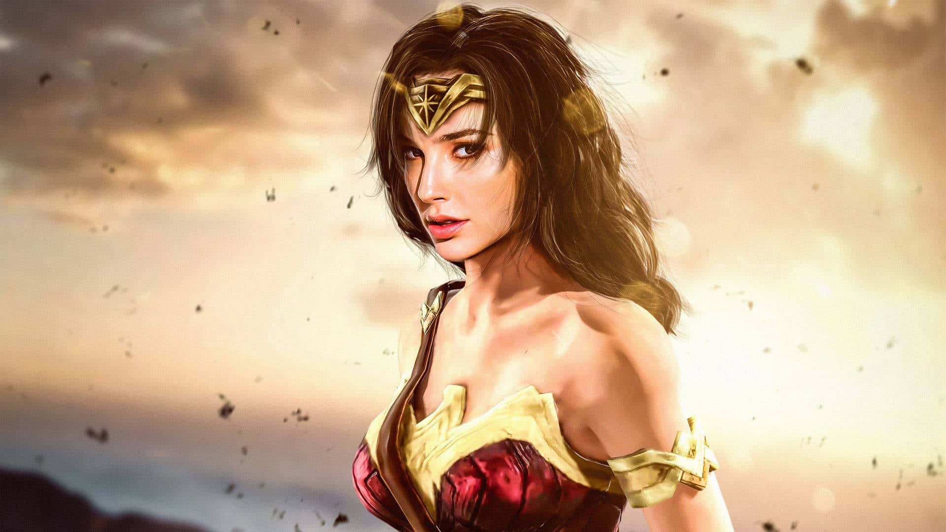 神力女超人 桌布 壁紙 — 神力女超人在戲劇性的天空下英勇站立，碎片在她周圍飛舞，構成電影般的數位藝術場景。