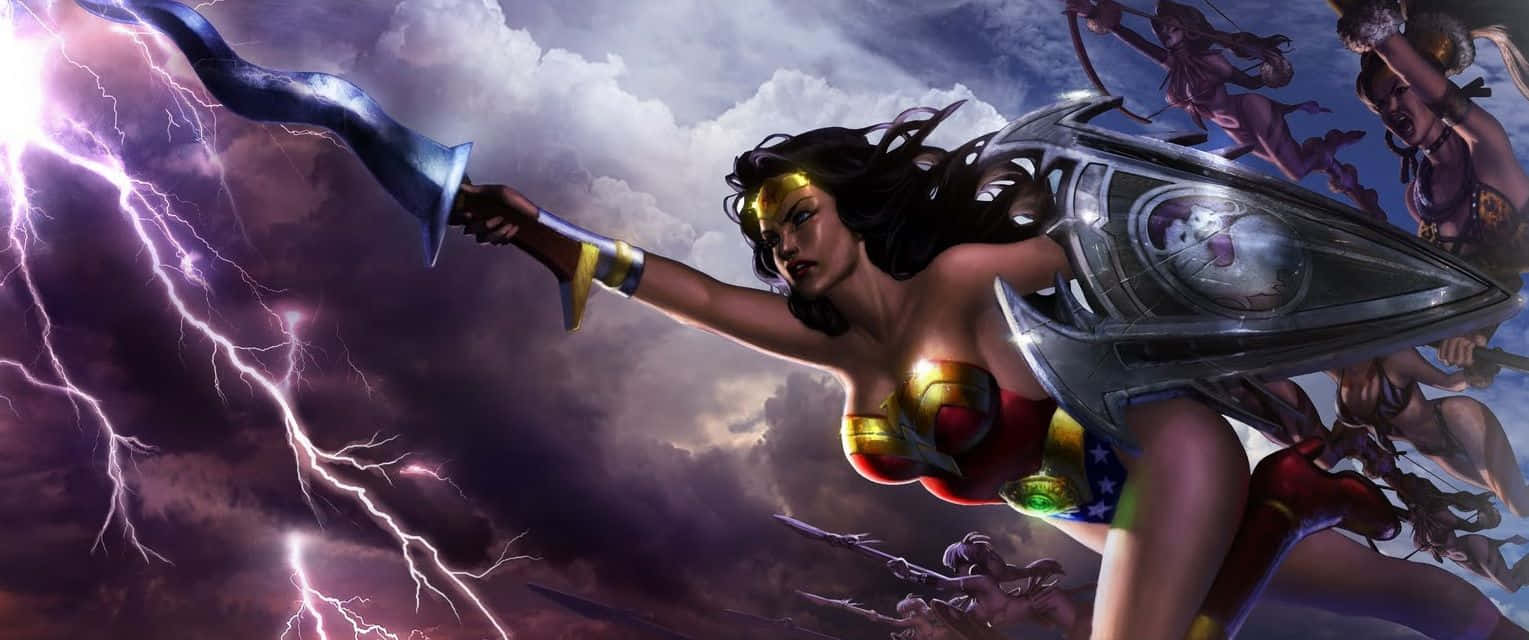Mortal Kombat Vs Dc Universe 桌布 壁紙 — 神力女超人在暴風雨的天空下揮舞她的真言套索和盾牌，周圍閃電交加。