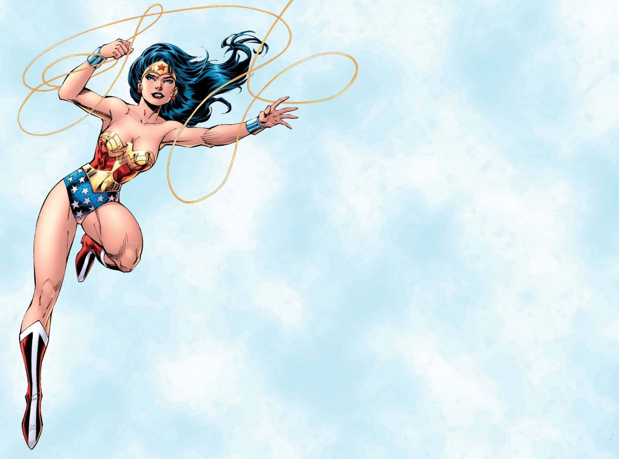 Wonder Woman 桌布 壁紙 — 神力女超人在柔和的藍天中動態飛翔，金色的套索在她周圍旋轉。