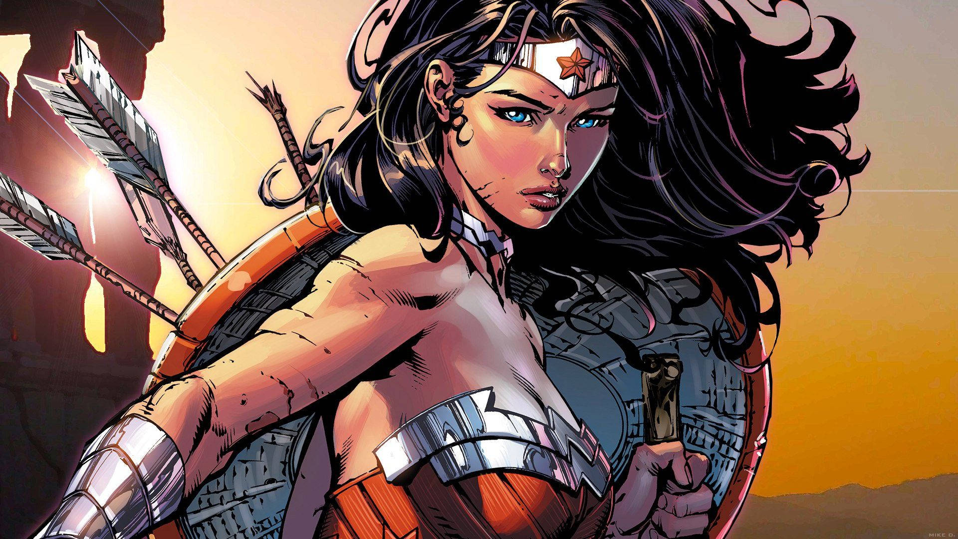 Wonder Woman 桌布 壁紙 — 神力女超人在沙漠日落中英勇地站著，手持盾牌和箭矢，充滿堅定決心。