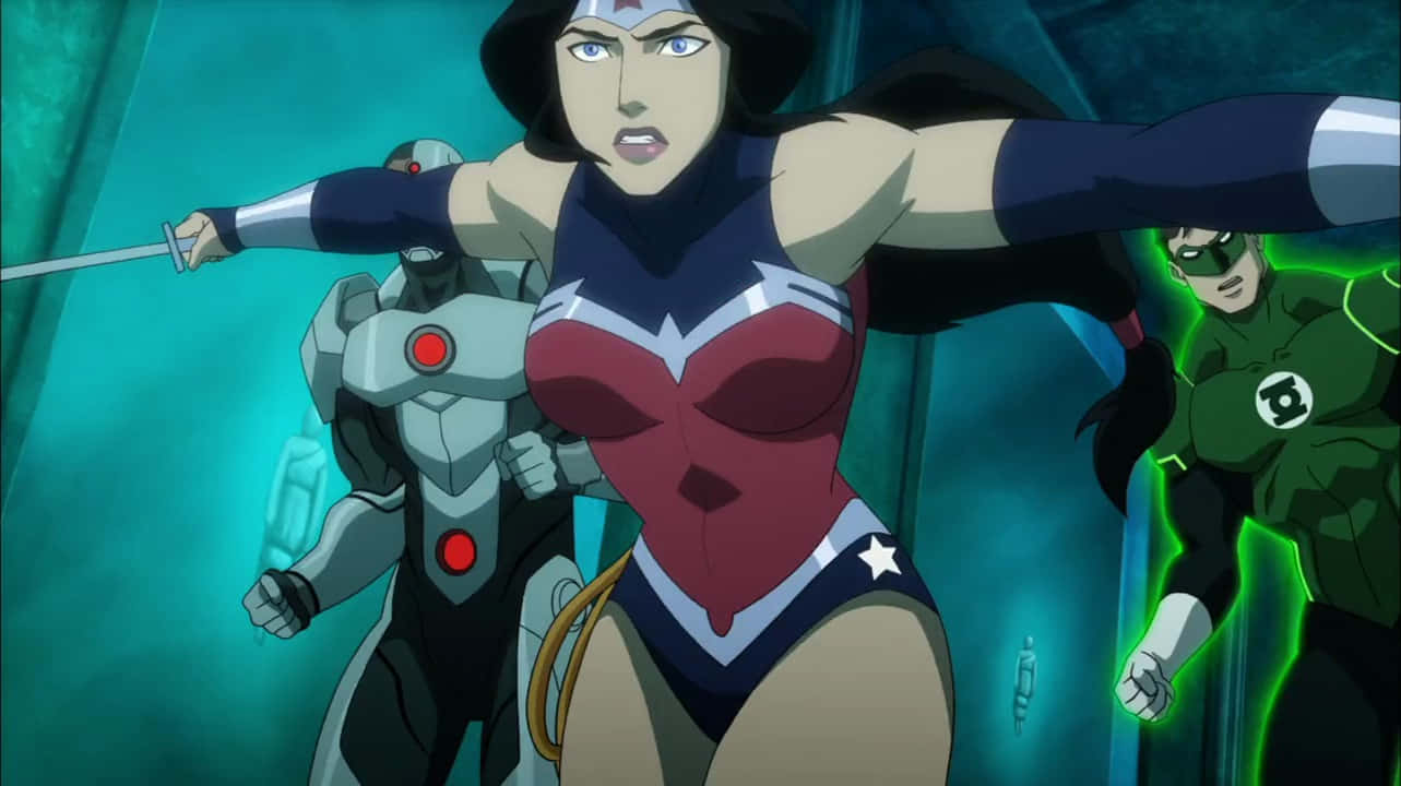 Justice League Throne Of Atlantis 桌布 壁紙 — 神力女超人帶領一隊超級英雄，在充滿動感的動畫風格動作場景中，伴隨著發光的綠色和青綠色燈光。