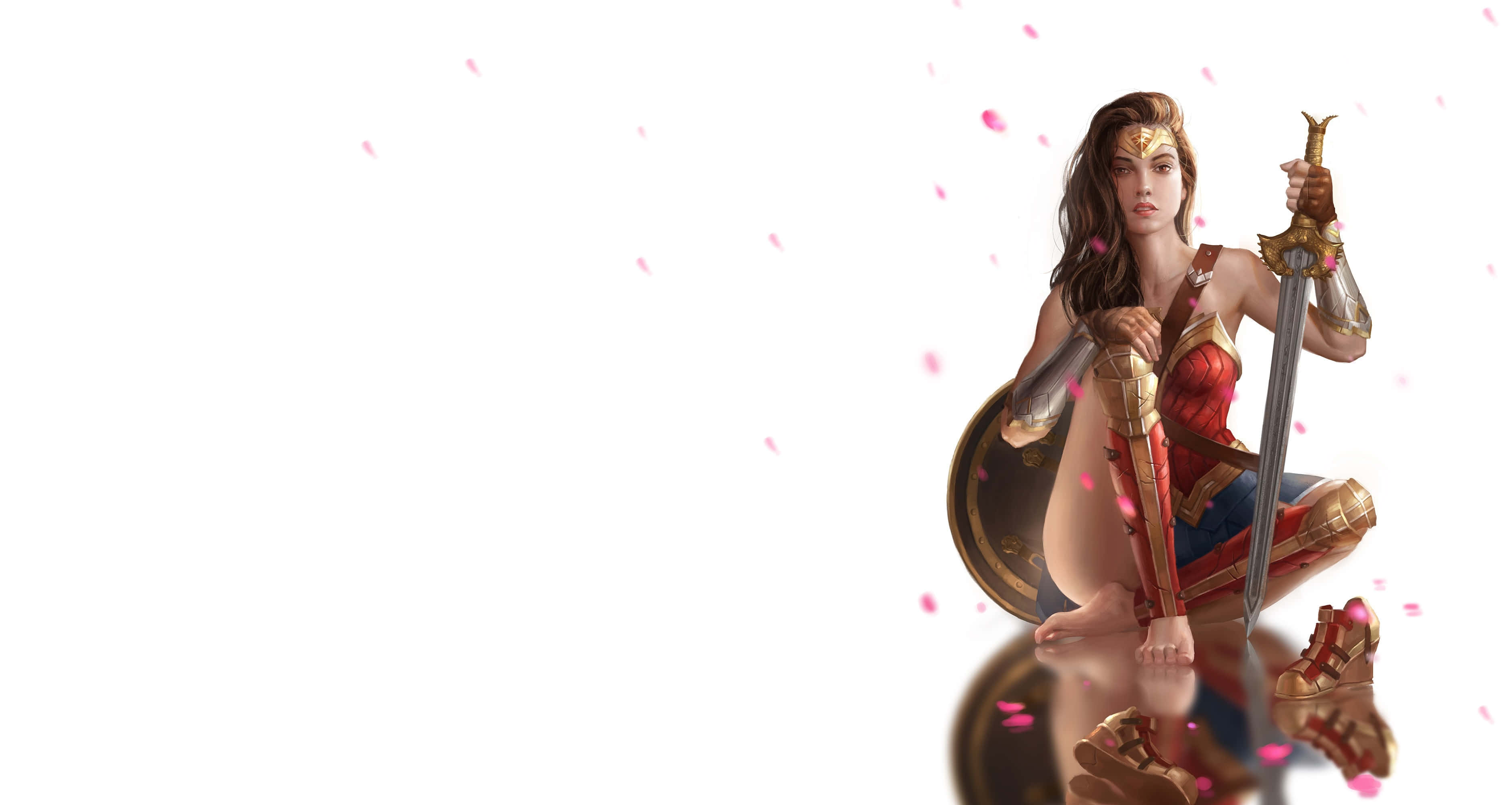 Wonder Woman 桌布 壁紙 — 神力女超人手持劍盾，準備就緒，粉紅色花瓣在她周圍飄落，背景為純白色。