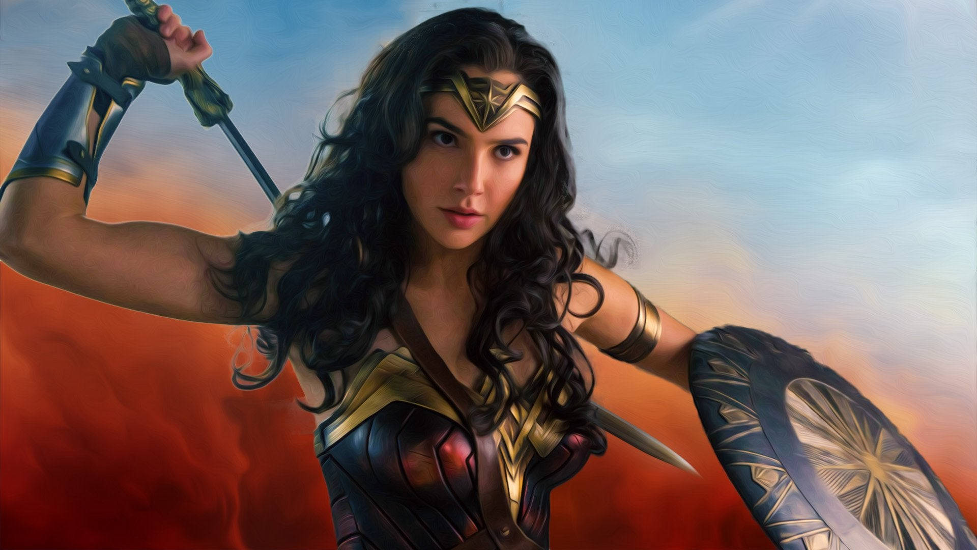 Wonder Woman 桌布 壁紙 — 神力女超人手持劍與盾，在熾熱的日落天空下蓄勢待發。