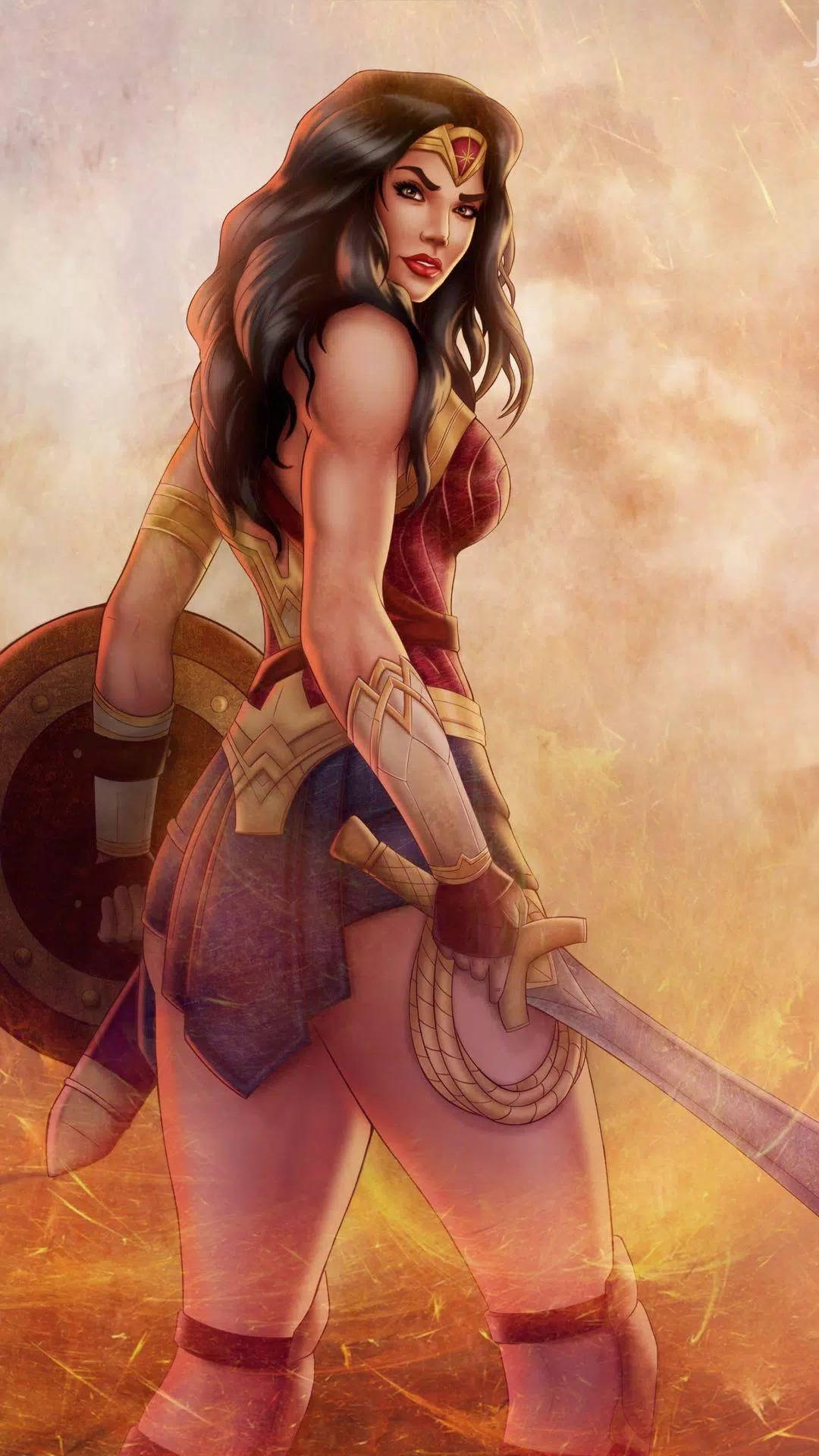 Wonder Woman 桌布 壁紙 — 神力女超人手持盾牌和劍，站在熾熱的金色背景前，堅定的眼神散發著英雄般的力量。