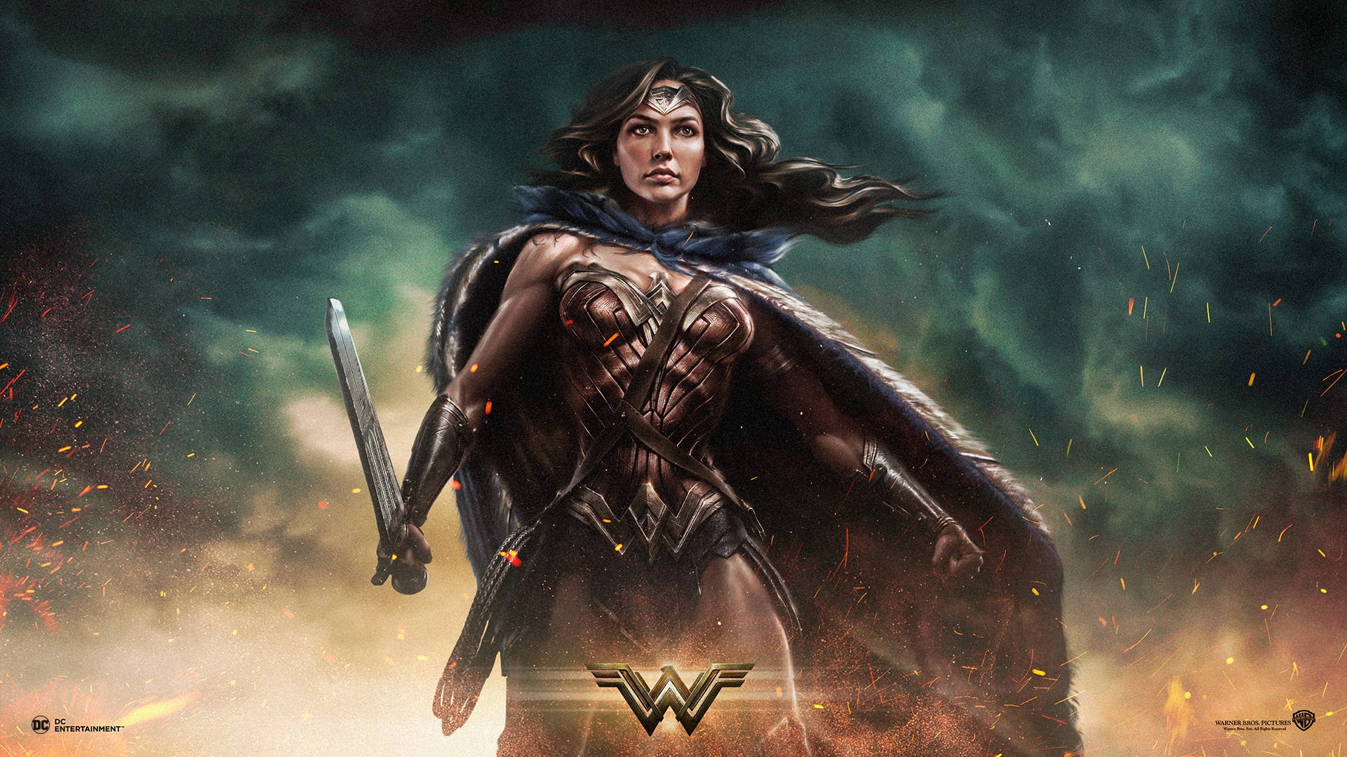 Wonder Woman 桌布 壁紙 — 神力女超人穿著戰鬥裝備，在風暴背景中英勇站立，周圍有飛舞的火花和熾熱的餘燼。